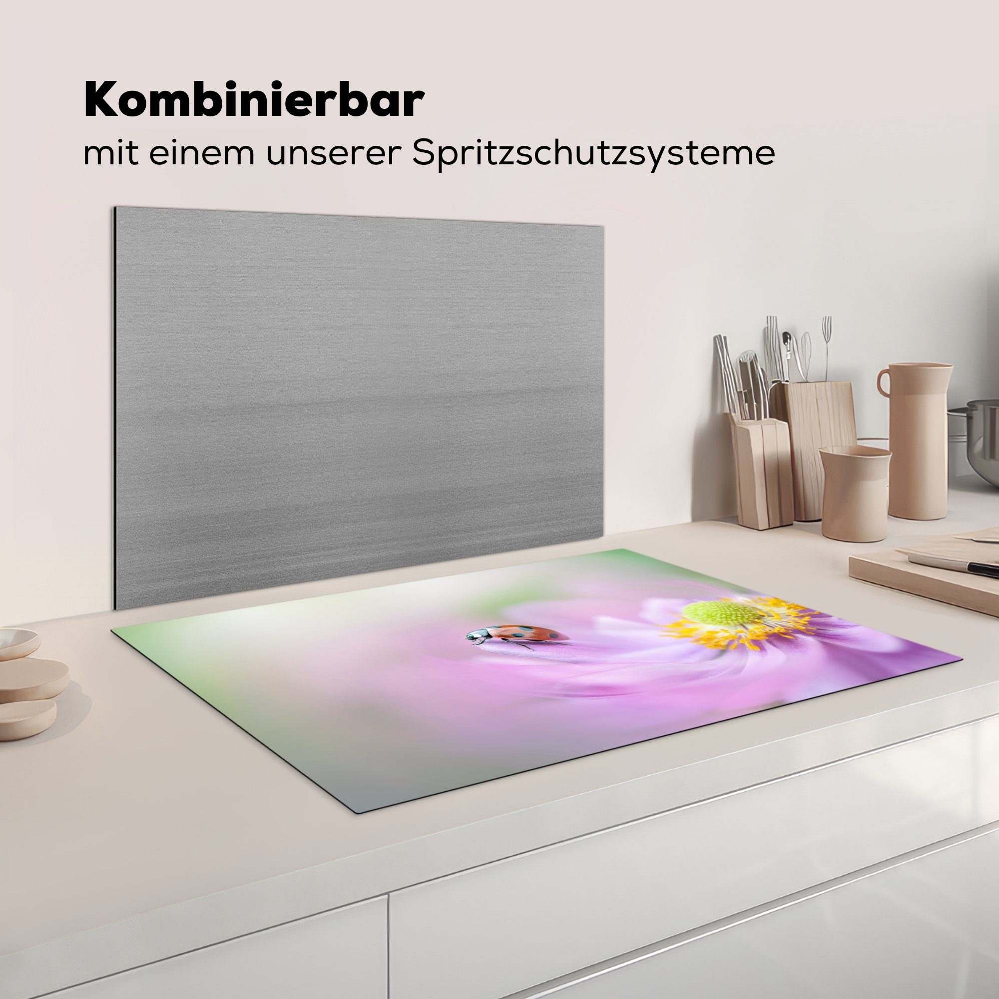 küche, Schutz die auf Induktionskochfeld tlg), (1 cm, Vinyl, einer Anemone, Herdblende-/Abdeckplatte rosa für MuchoWow Ceranfeldabdeckung 81x52 Marienkäfer