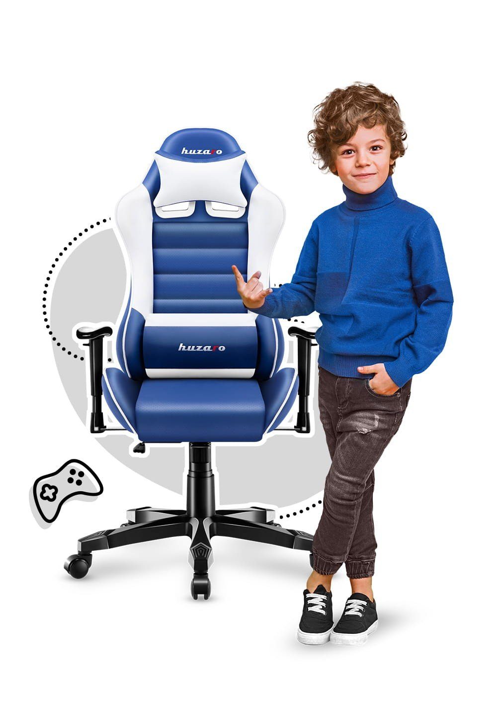huzaro Gaming Chair "Ranger" 6.0 Kinderstuhl Gaming Stuhl Bürostuhl Schreibtischstuhl Verstellbare Armlehnen Ergonomisches Design Nackenkissen Lendenkissen blau