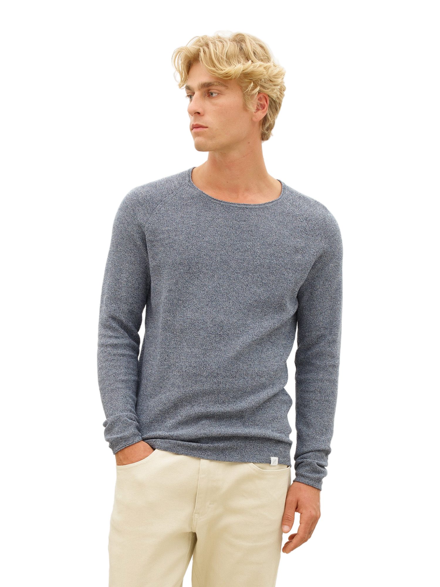 NOWADAYS Strickpullover blau,Basic,Baumwolle,Strukturiert,Rundhals,Lang,Regular Fit