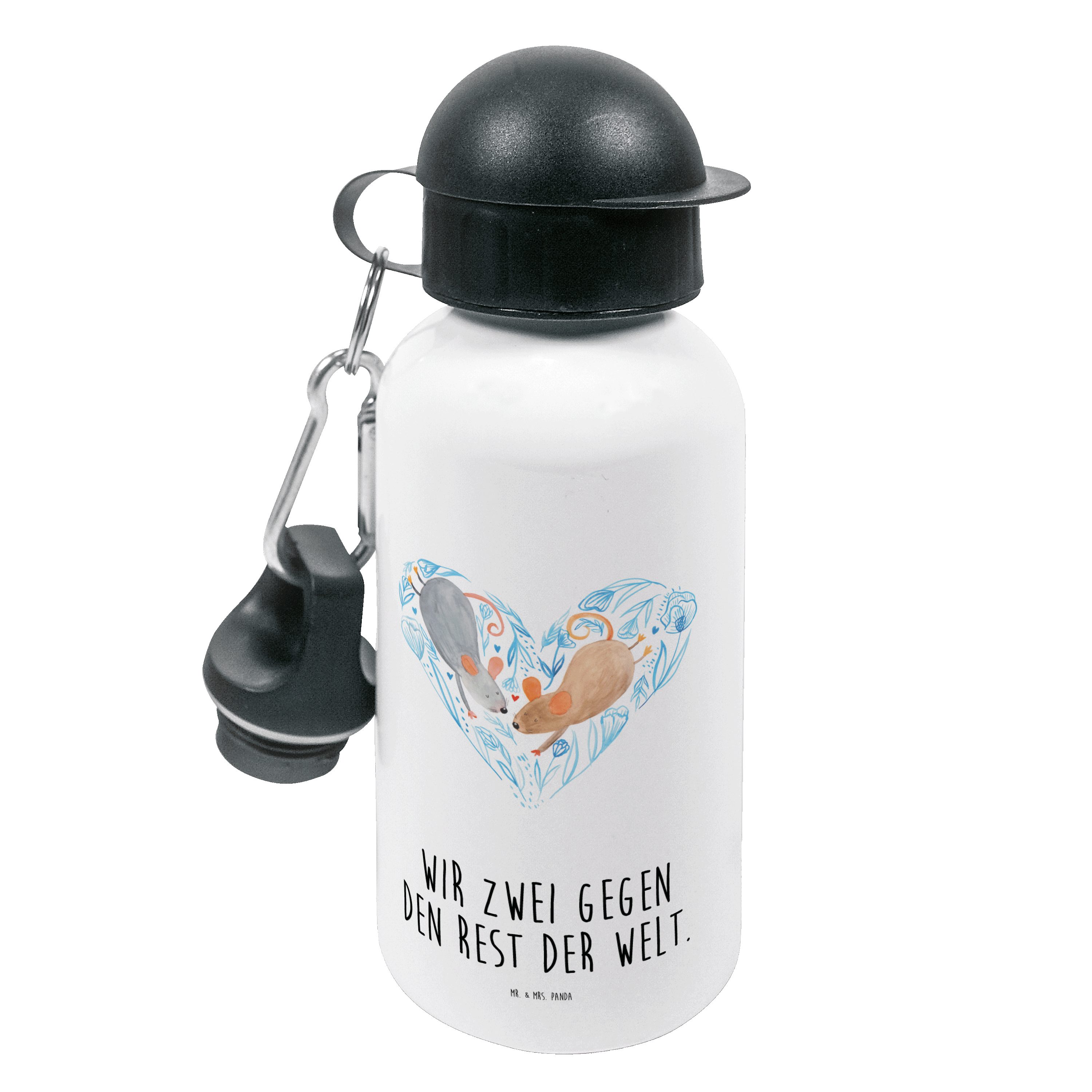 Mr. & Mrs. Panda Trinkflasche Mäuse Herz - Weiß - Geschenk, Liebe, Kindergarten Flasche, Lieblingsm, Mundstück mit Deckel
