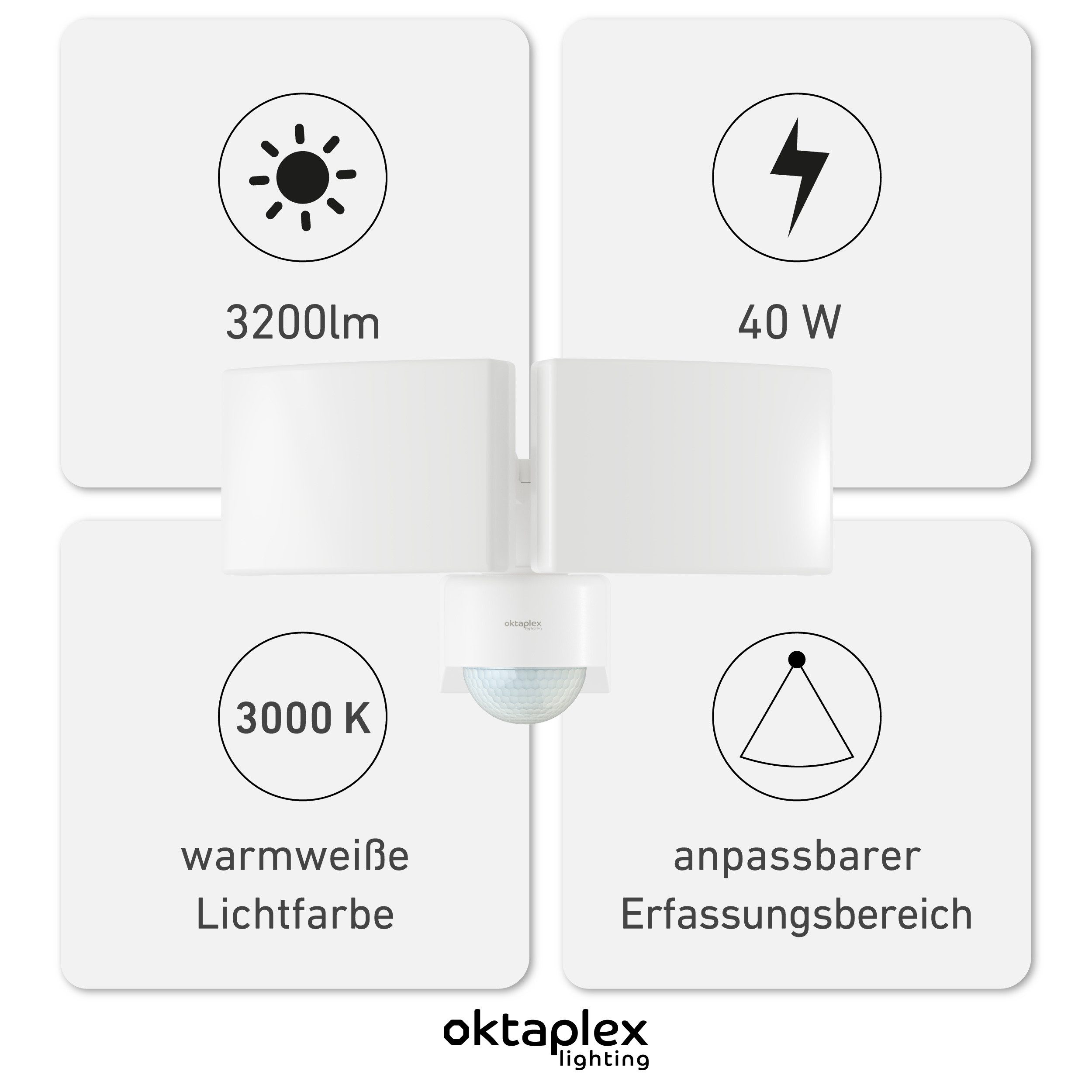 Oktaplex lighting LED Außen-Wandleuchte Cali Dos Außenstrahler mit Bewegungsmelder 10m / 240 Grad IP65, PIR-Sensor; dreh- und schwenkbar, inklusive Leuchtmittel, warmweiß, 3000K 3200lm Außenleuchte 40W weiß