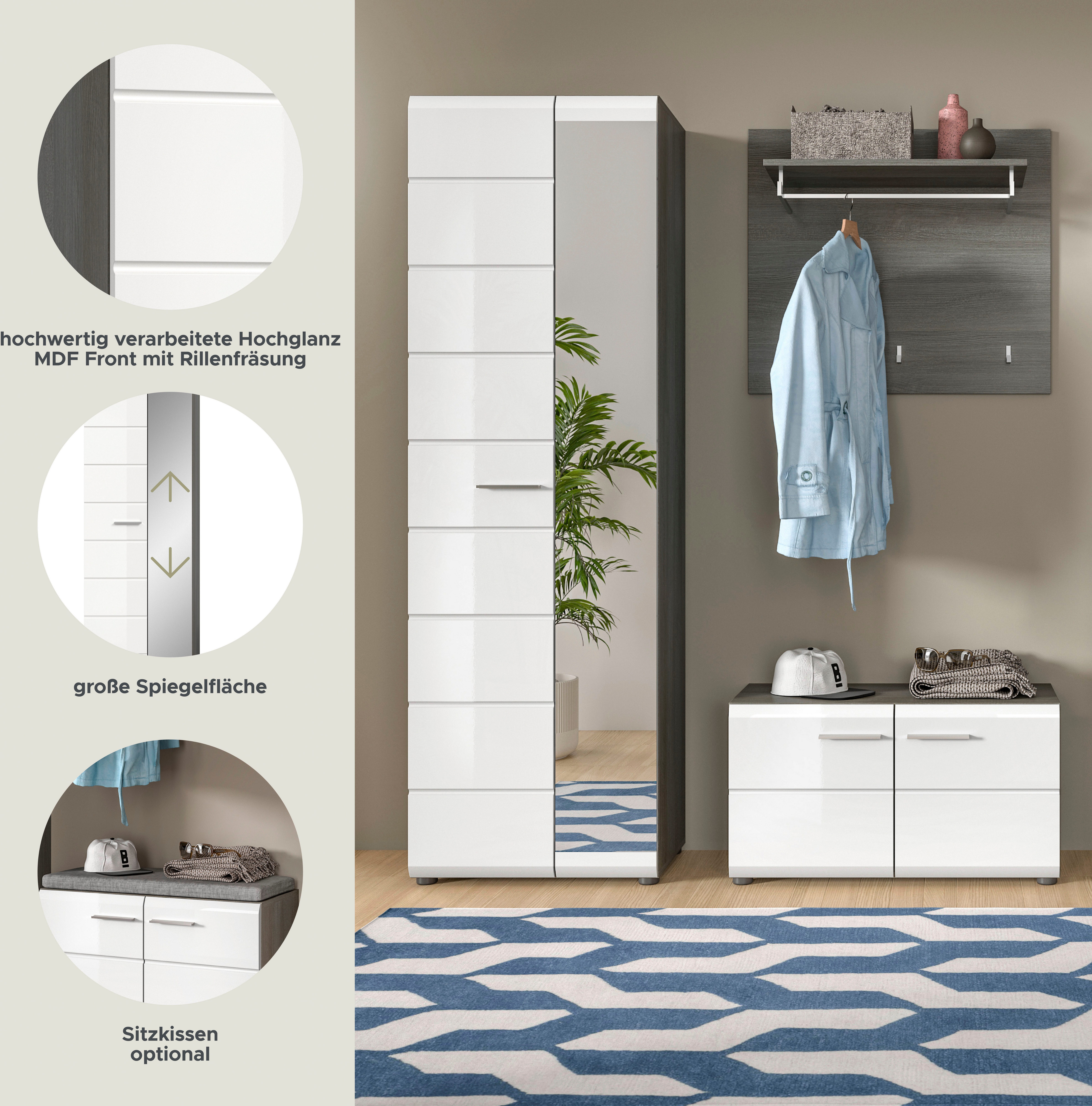 Home affaire Garderoben-Set Rumba, 3-teilig, Breite 155 cm, Hochglanz Front, bestehend aus:, (3-St), Garderobenschrank, Sitzbank, Garderobenpaneel