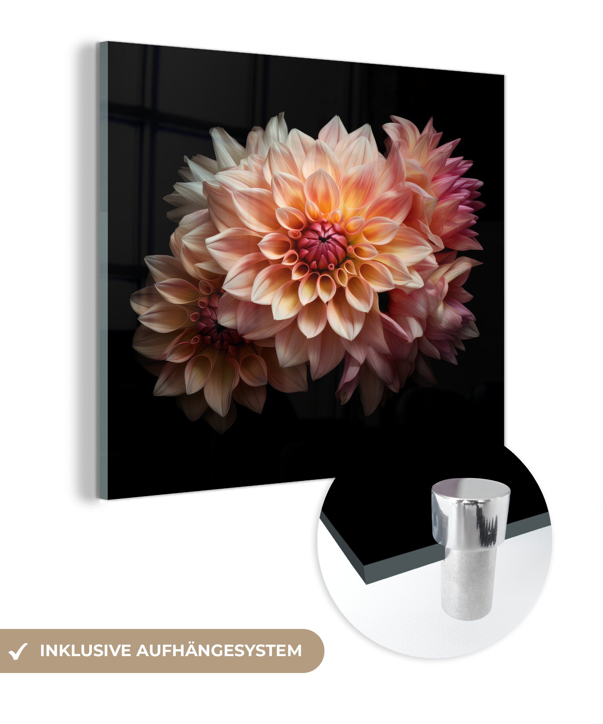 MuchoWow Acrylglasbild Dahlie - (1 - Glas St), Botanisch, Schwarz Wandbild Foto Blumen Glasbilder - Wanddekoration auf - - - - Rosa auf Glas Bilder