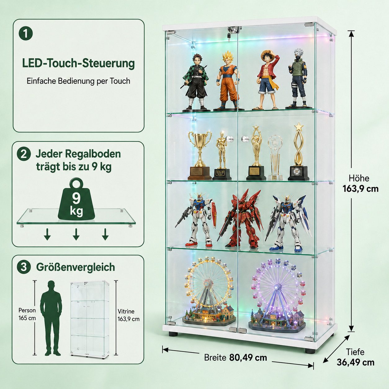 Simurq Glasvitrine glasvitrine,vitrinenschrank,vitrine mit LED,4 lagen sammlervitrine (Packung, Sammlervitrine Schauvitrine mit türen und Schloss, Gehärtetes Glas) LED-Streifenbeleuchtung; Mit Schloss