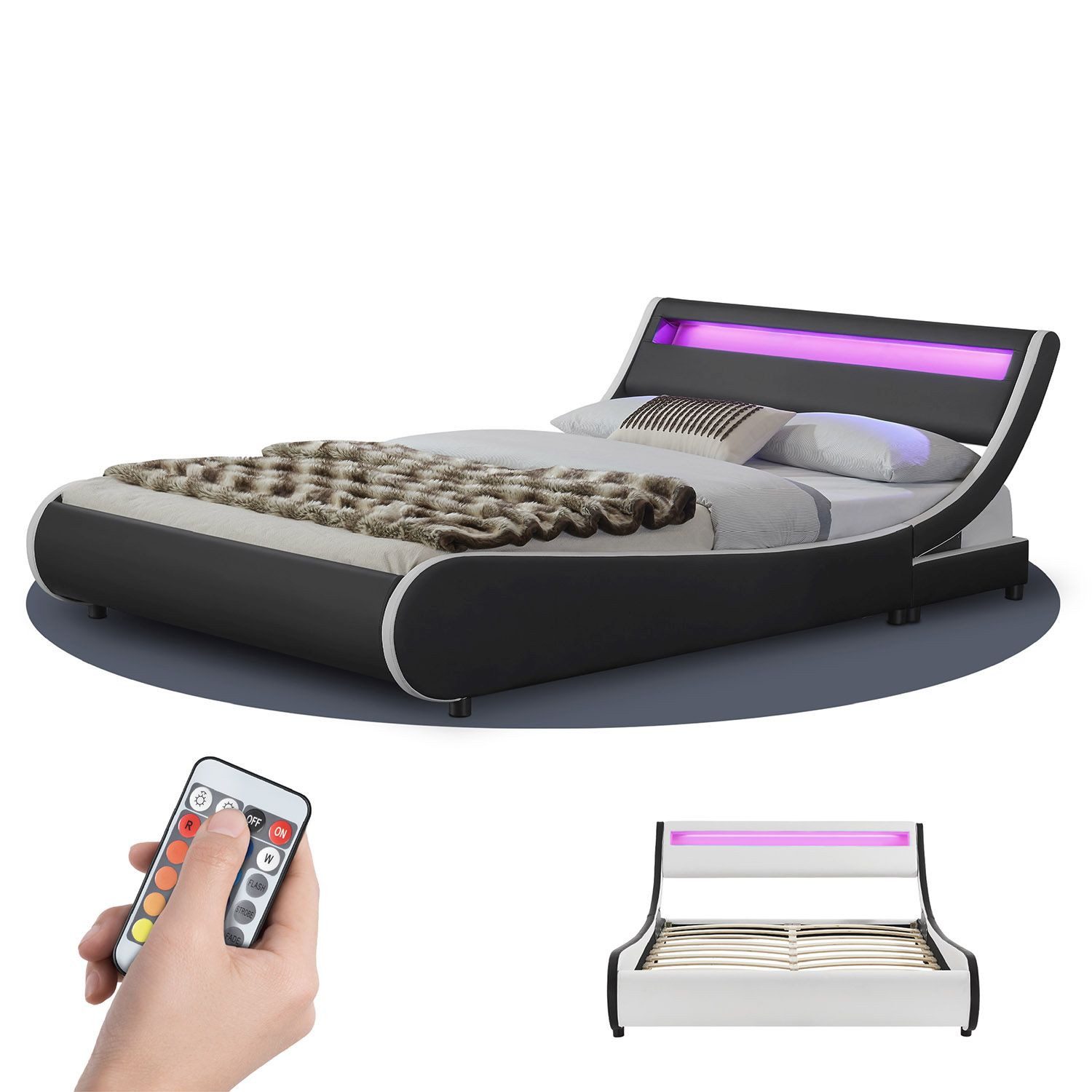 JUSKYS Polsterbett VALENCIA, 180 x 200 cm Doppelbett mit Lattenrost, LED-Beleuchtung und Fernbedienung Schwarz
