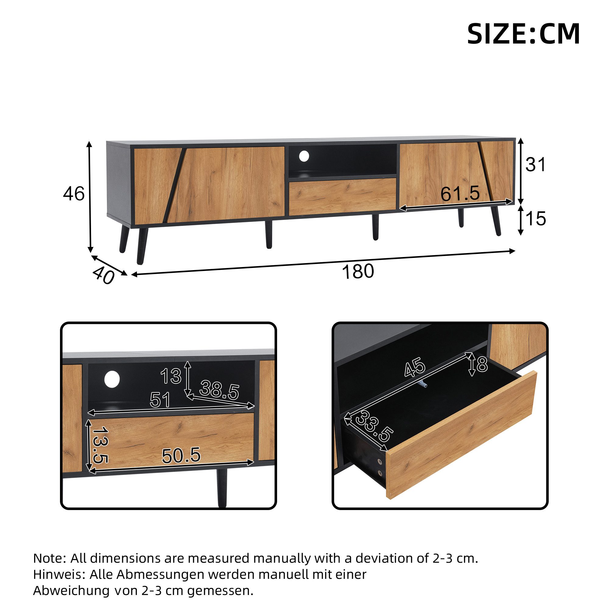 KLAM HOME Lowboard TV-Schrank mit Schubladen und 2 Schränken, 180*40*46cm (Moderne minimalistische TV-Konsole mit 6 Stützbeinen aus Massivholz), Passend für 75- – Bild 4 von 5