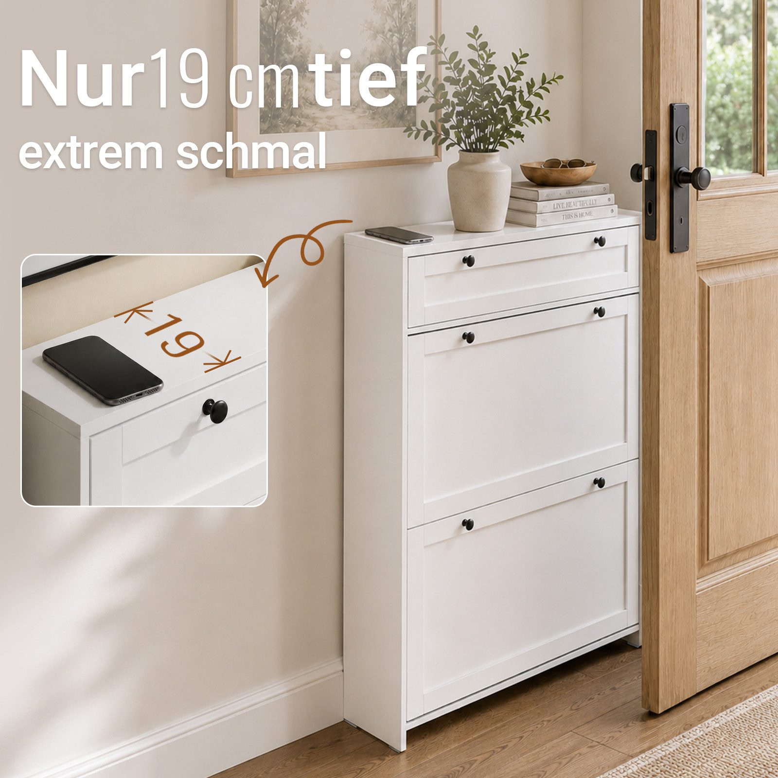 SoBuy Schuhkipper FSR207, Schuhschrank schmal, Schuhregal Schuhkommode, EXTREM SCHMAL, Schuhschrank mit Klappen, mit Schubladen, 19cm tief, für schmale Flure