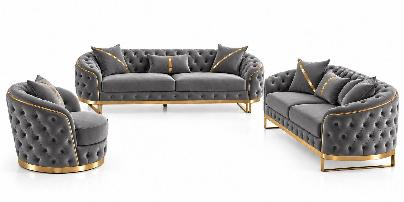 Palms-Store Sofa -Set MIRA mit Knopfheftung in 9 edlen Farbvarianten, Spar-Set, 3-Sitzer + 3-Sitzer + Sessel