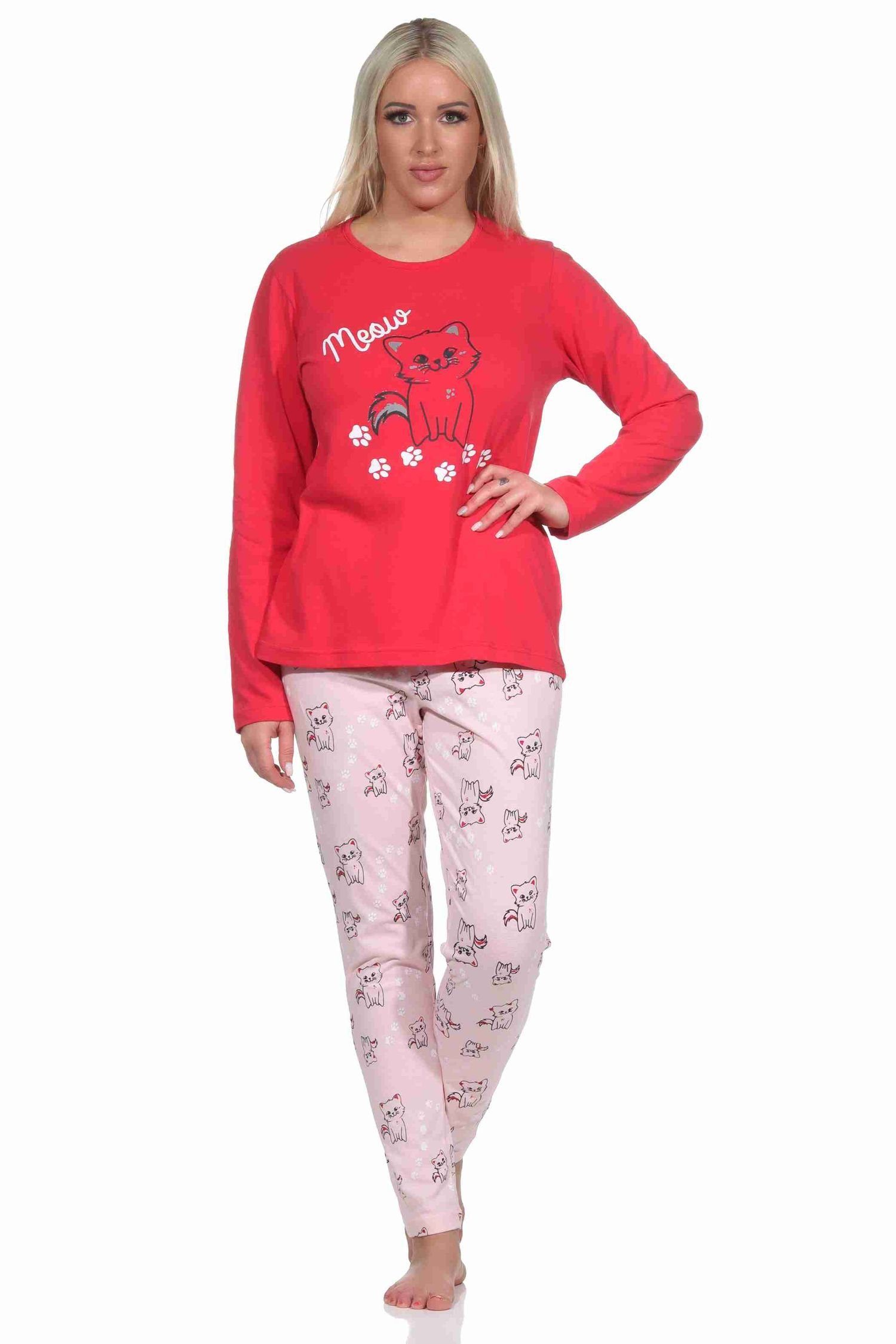 Normann Damen pink Pyjama Schlafanzug lang Katzen mit Pyjama - Süsser Motiv