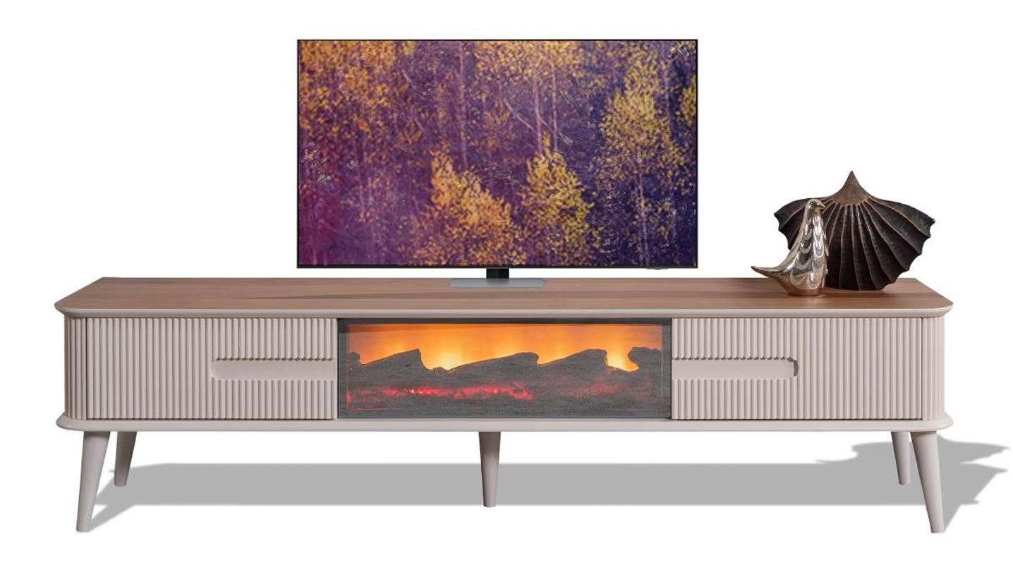 JVmoebel Lowboard Walnuss TV-Lowboard mit Kamin und Bluetooth Unterschrank