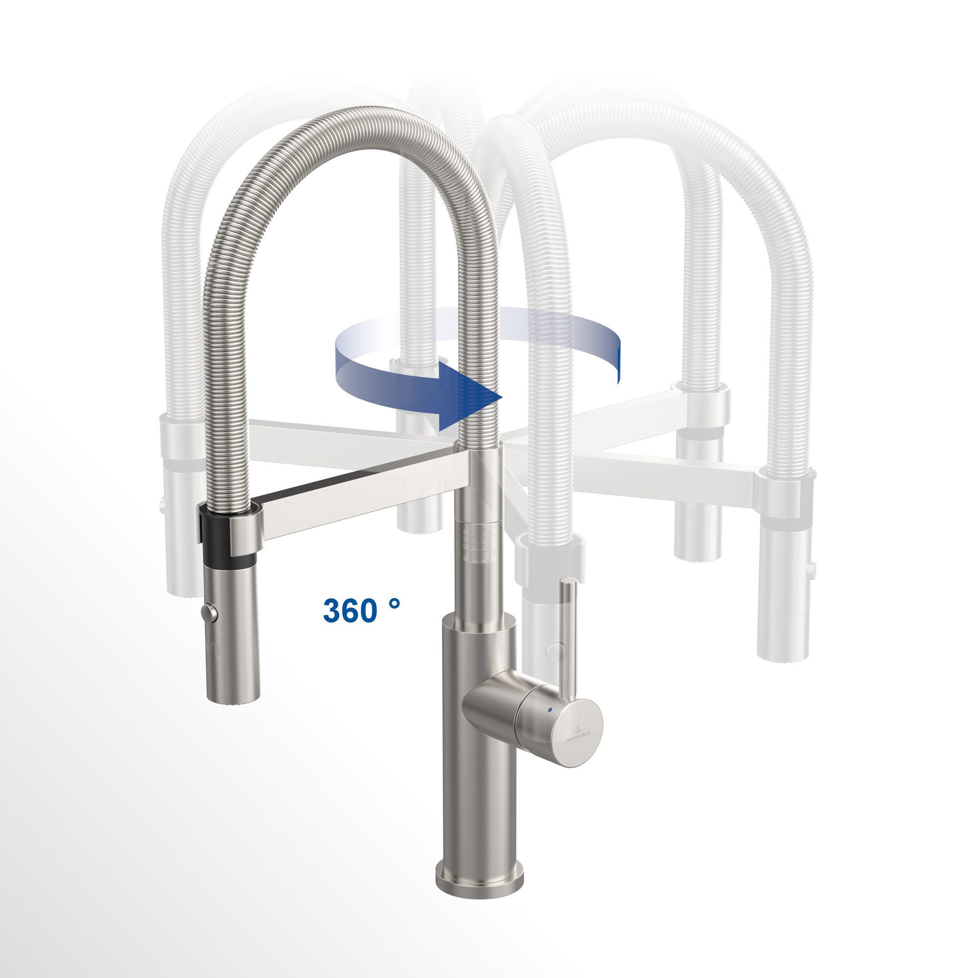Villeroy & Boch Küchenarmatur Steel Expert Compact mit Brausekopf (schwenkbarer Auslauf, spritzarmes Arbeiten dank Laminarstrahl) Hochdruck-Armatur, Umschaltfunktion, wassersparend, Edelstahl massiv