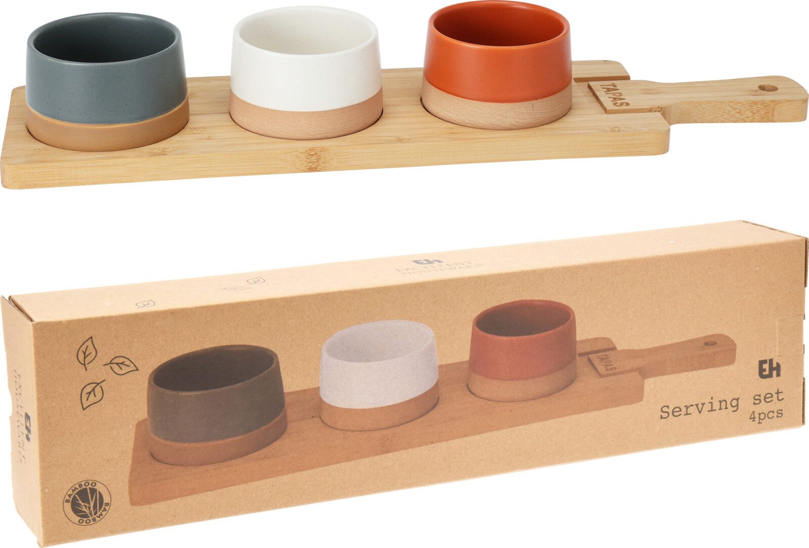 Koopman Dipschale Serviertablett Tapas Schalen 48x12 cm Griff Holz 3 Schalen, Bambus, (Stück, 5-tlg), 3 Schalen, Tapas, 1 Tablett, Serviertablett, Bambus