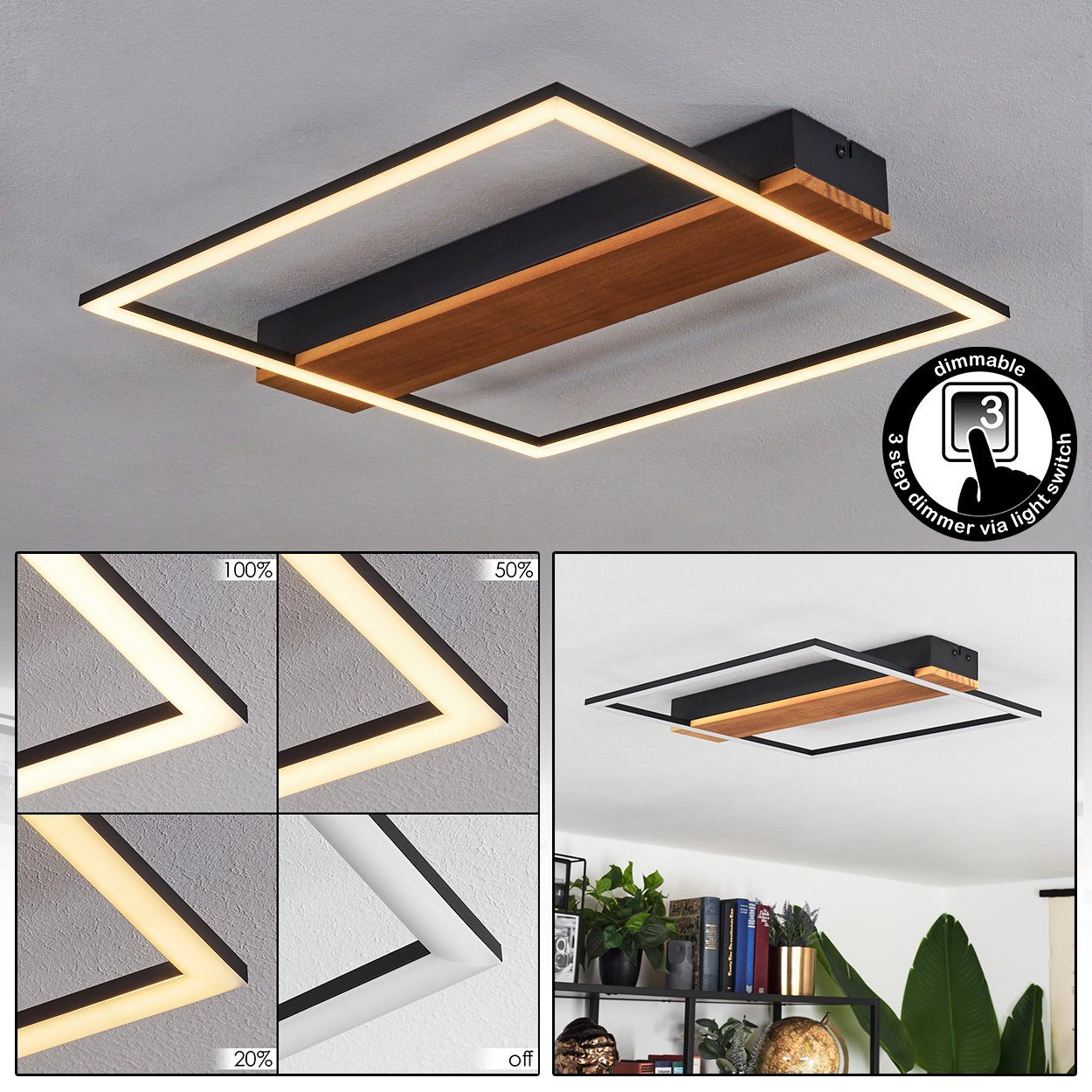 Deckenleuchte 40cm, Lumen, eckige Watt 3000 3000 Leuchte 24 Kelvin, mit Schwarz/Natur/Weiß, Deckenlampe, 1xLED hofstein »Borgonuovo« Metall/Holz/Kunststoff, Holzelement,