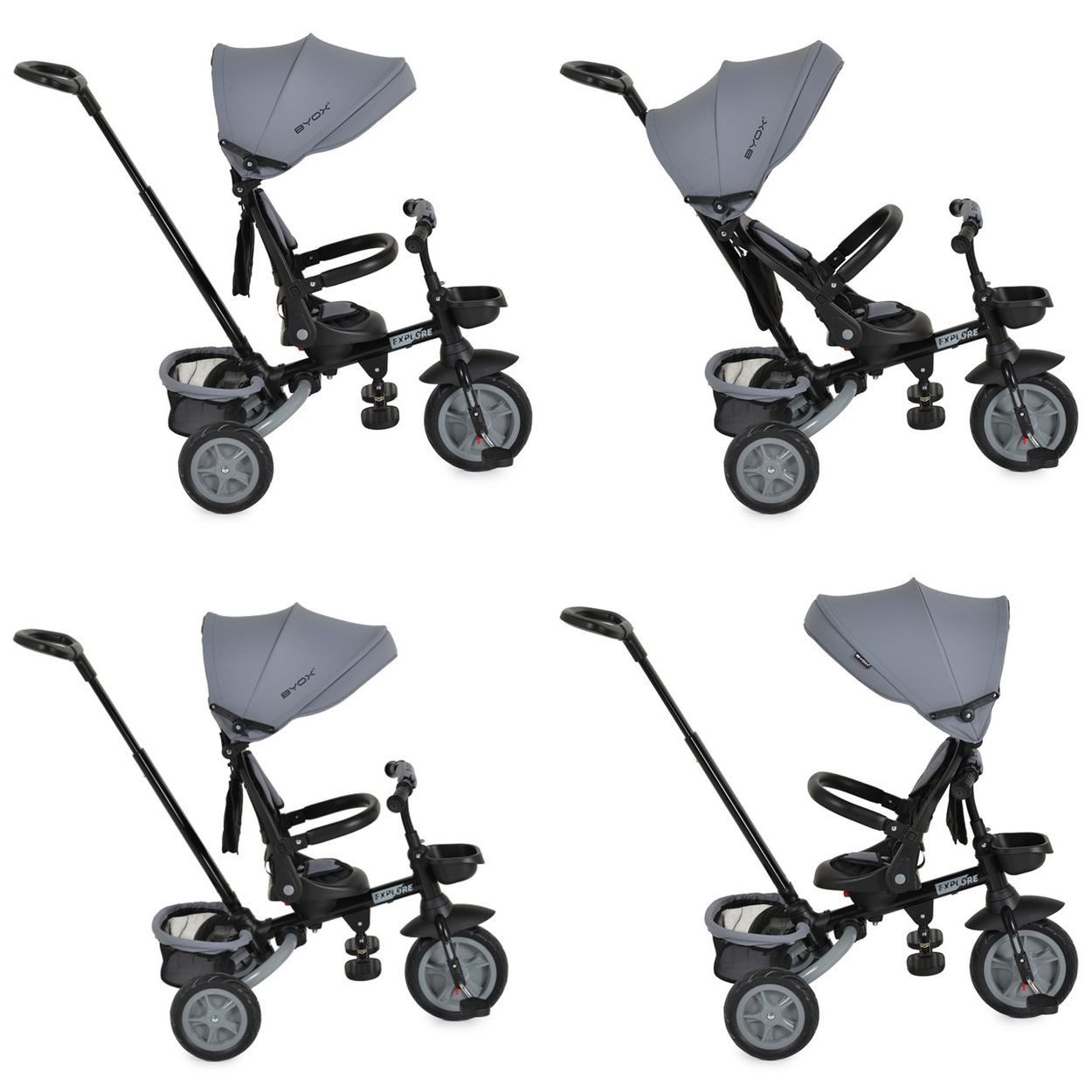 Byox Dreirad Dreirad Explore 3 in 1, Dreirad umkehrbarer Sitz Schiebegriff Körbe Pedale