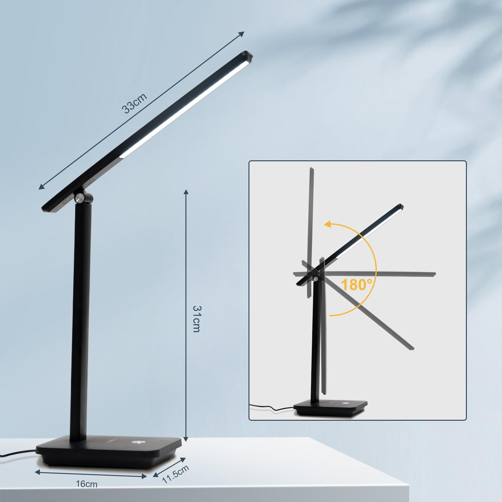 LQWELL Schreibtischlampe LED Tischlampe Abnehmbare Studienlampe, mit Touchdimmer, LED fest integriert, 3 Helligkeitsstufen, Dimmbare Tischleuchte, für Heimbüro, 0° bis 180° Drehung, 6500K