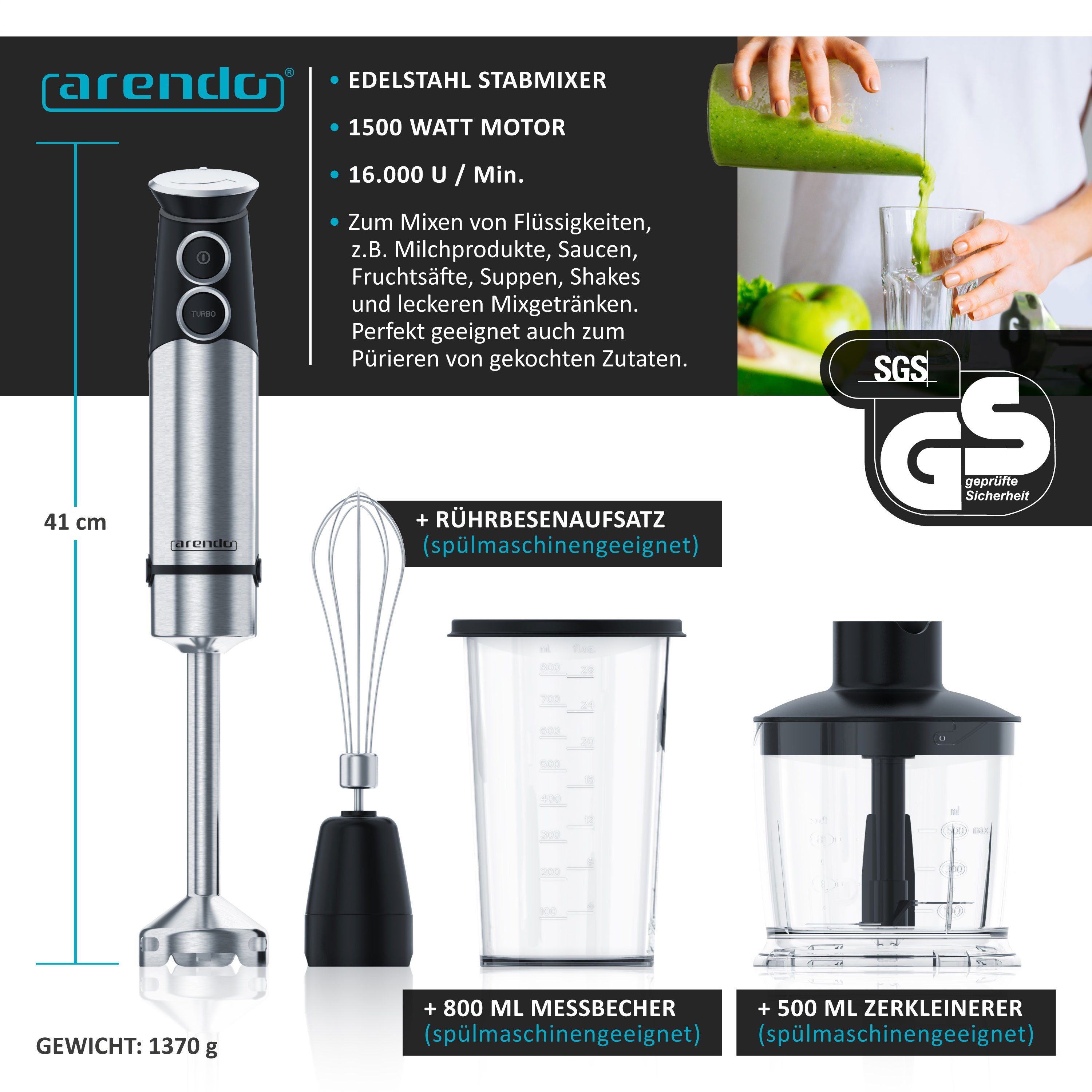 Arendo Stabmixer Edelstahl Pürierstab Set mit Zerkleinerer & Messbecher, Handmixer, 1500 W, 2 Geschwindigkeitsstufen, 4-Klingen, einfache Reinigung, DC Motor