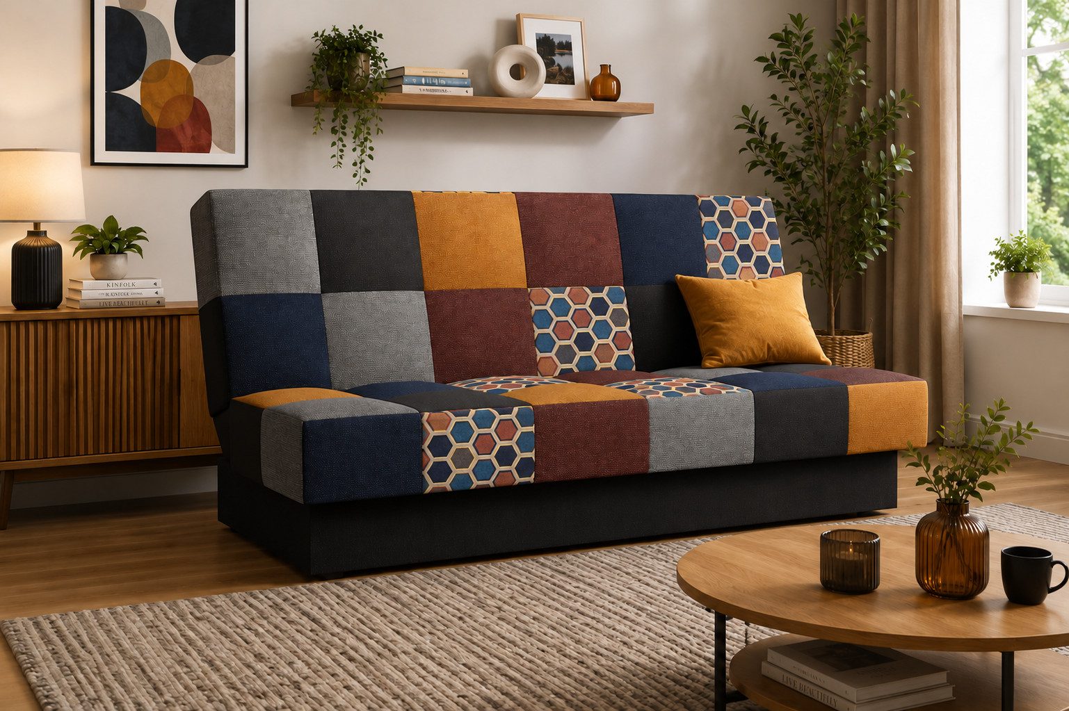 MOEBLO Schlafsofa CYPRUS Patchwork, – Sofa Kippsofa Klappsofa Click-Clack Couch für Wohnzimmer Federkern Sofagarnitur Polstersofa, mit …