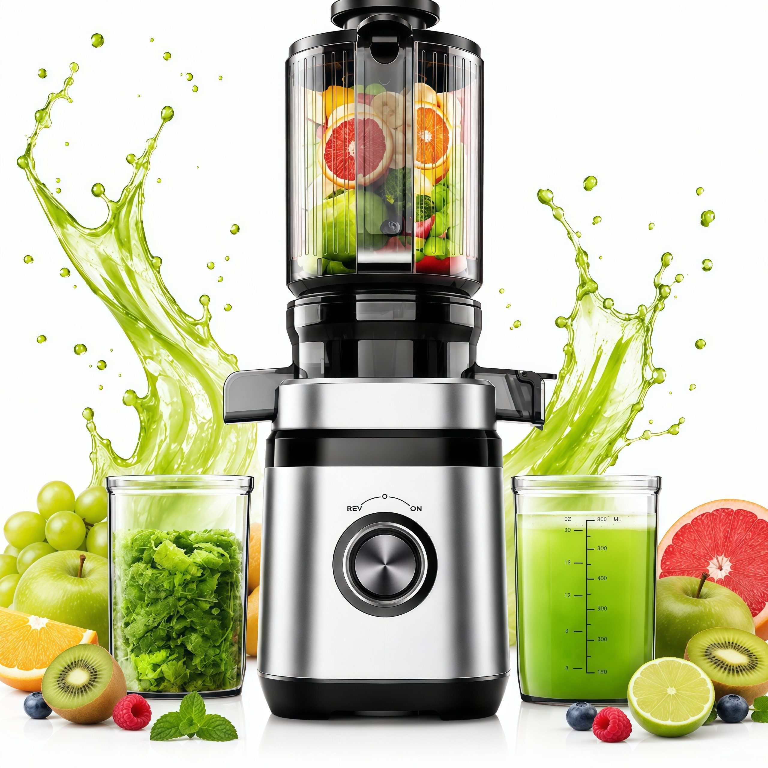 Fyrove Entsafter für Ganze Gemüse und Obst, 140 mm Breite und Größere Fütterungsröhre, 350 W, 2 L Füllvolumen, Leicht zu Reinigender Slow Juicer mit 2 Gläsern