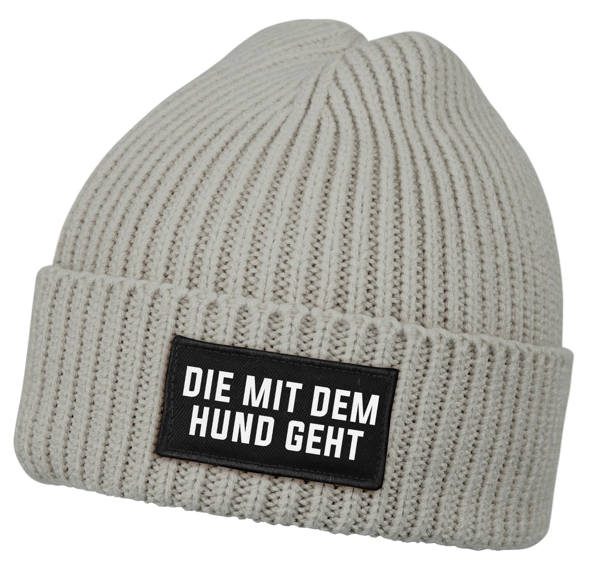 Strickmütze Damen Beanie mit Patch Strickmütze mit Spruch Die mit dem Hund geht