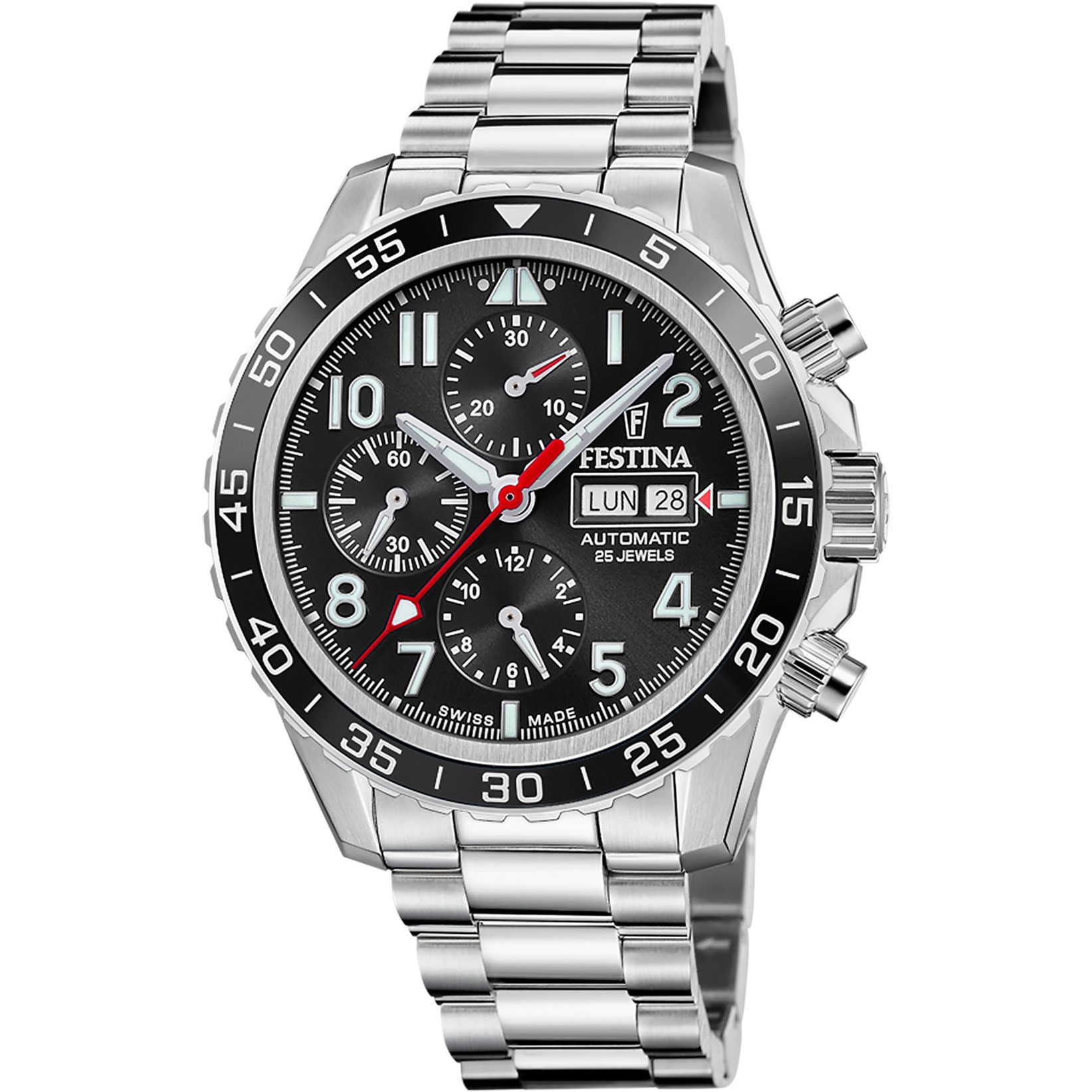 Festina Automatikuhr Chronograph – Swiss Made Automatik mit schwarzem Zifferblatt, F20055/4, Edelstahlband, 45,8 mm, sehr hochwertiges Uhrwerk, 10 Bar wasserdicht