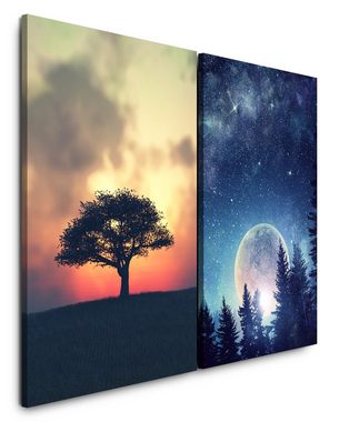 Sinus Art Leinwandbild 2 Bilder je 60x90cm einsamer Baum Vollmond Tannenwald Sterne Nachthimmel Mystisch Zauberhaft