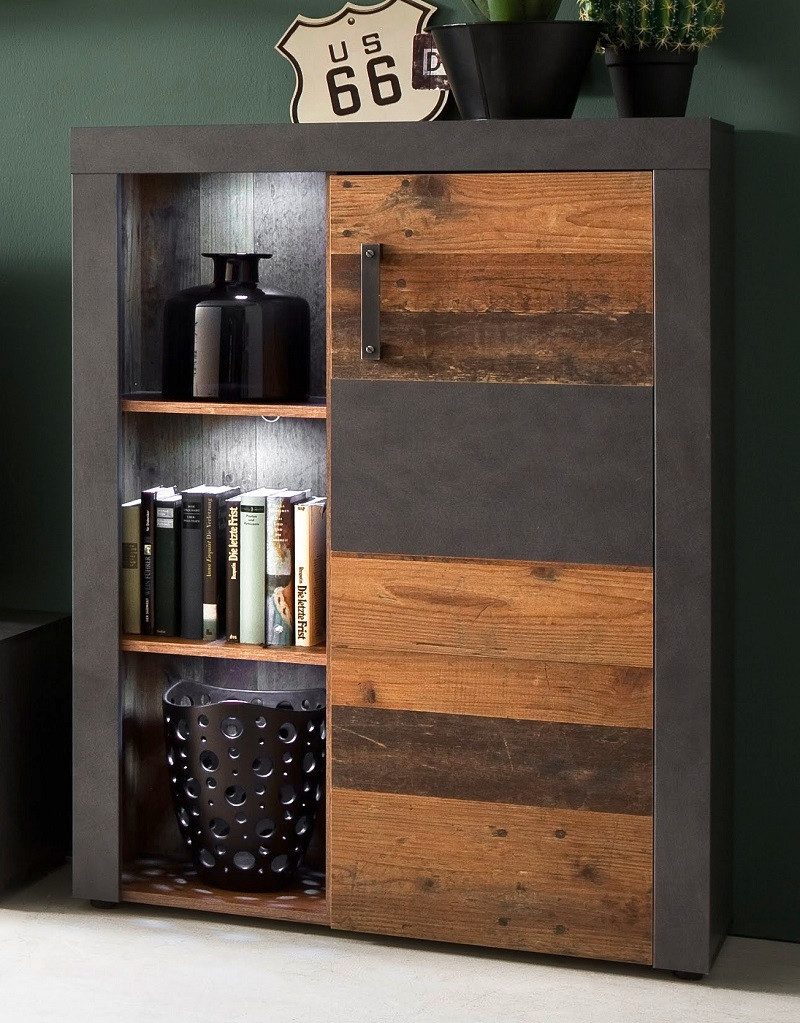 trendteam Vitrine Highboard Kommode Indy, Old Used Wood / Matera grau, LED Beleuchtung