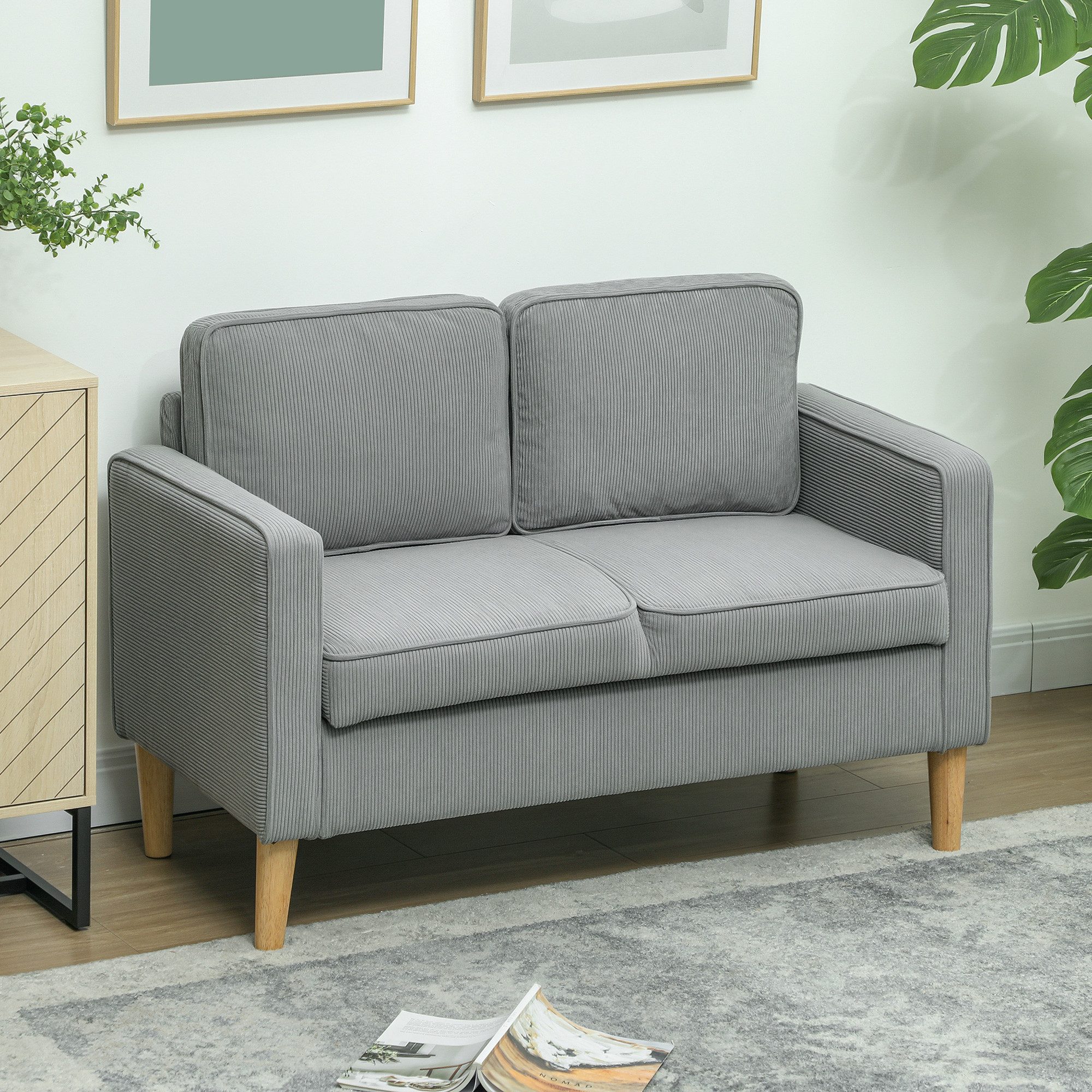 HOMCOM 2-Sitzer Sofa mit 2 Armlehne, Stauraum, Kleine Loveseat, Holzbeine, Couch 1 Teile, aus Corduroy für Wohnzimmer, Schlafzimmer, Hellgrau 117 x 63 x 79 cm