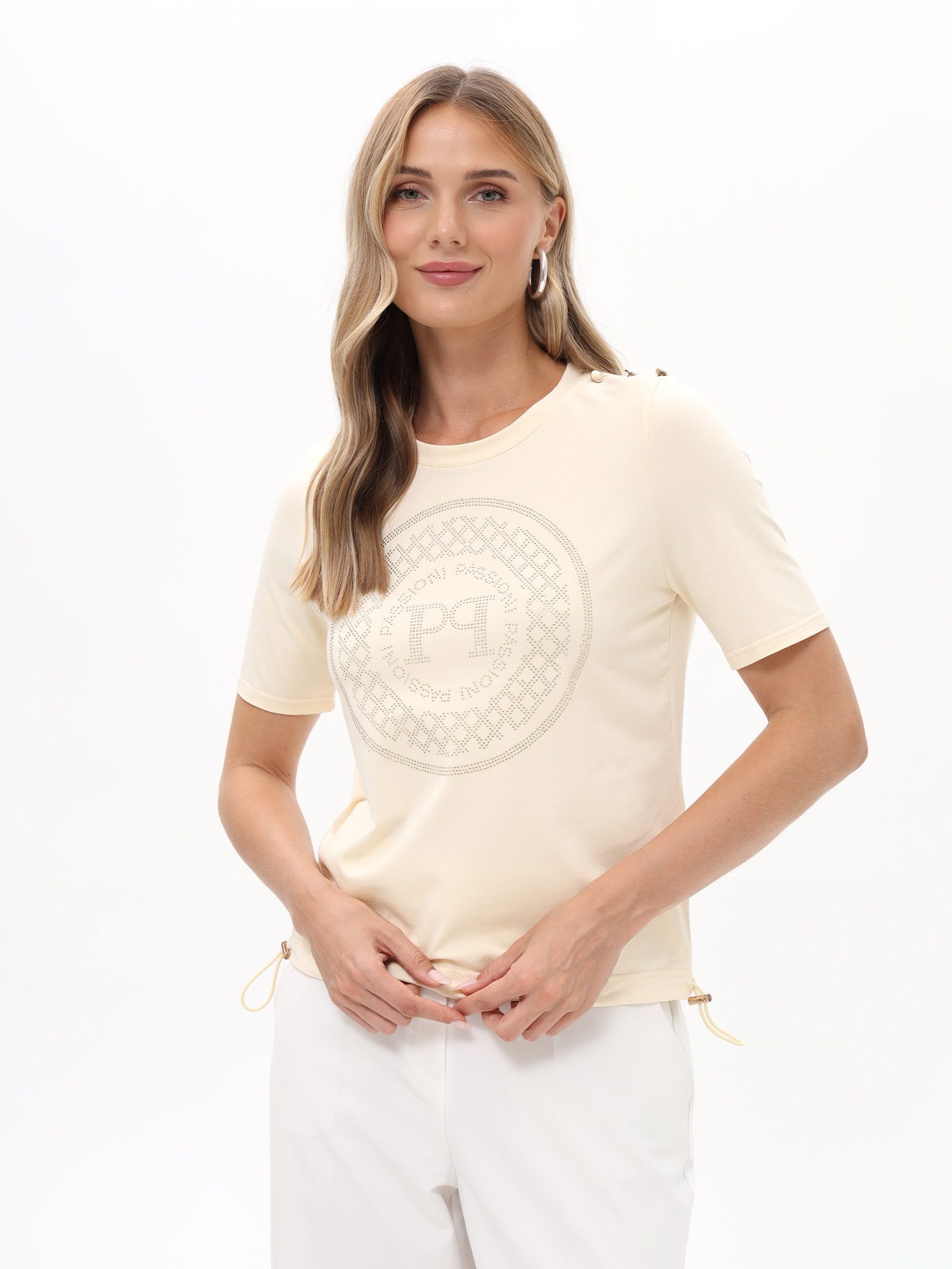 Passioni T-Shirt in beige mit Glitzerstein Applikation T-Shirt mit Glitzers günstig online kaufen