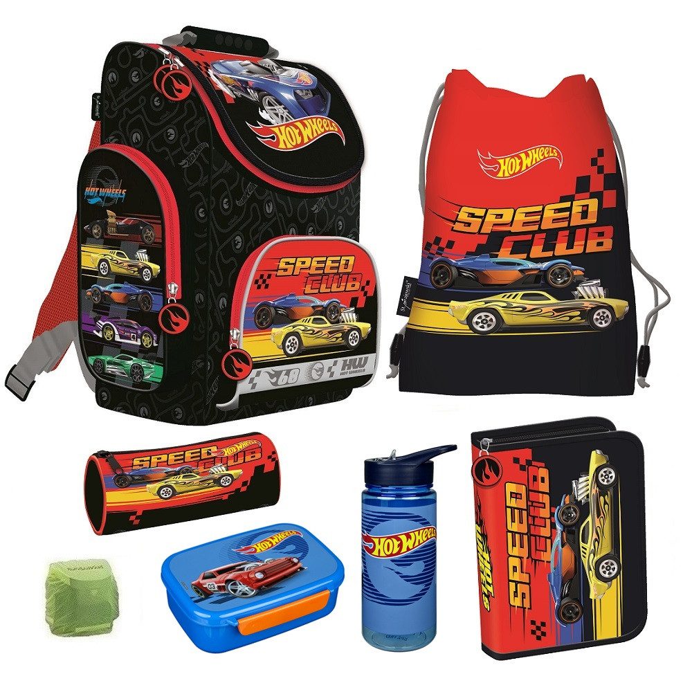 Familando Ранцы Hot Wheels Schultasche 1. Klasse, leicht, kompakt, ergonomisch (7-tlg., inkl. Federmapppe, Brotbox und Trinkflasche), ergonomischer Tornister für Jungen und Mädchen