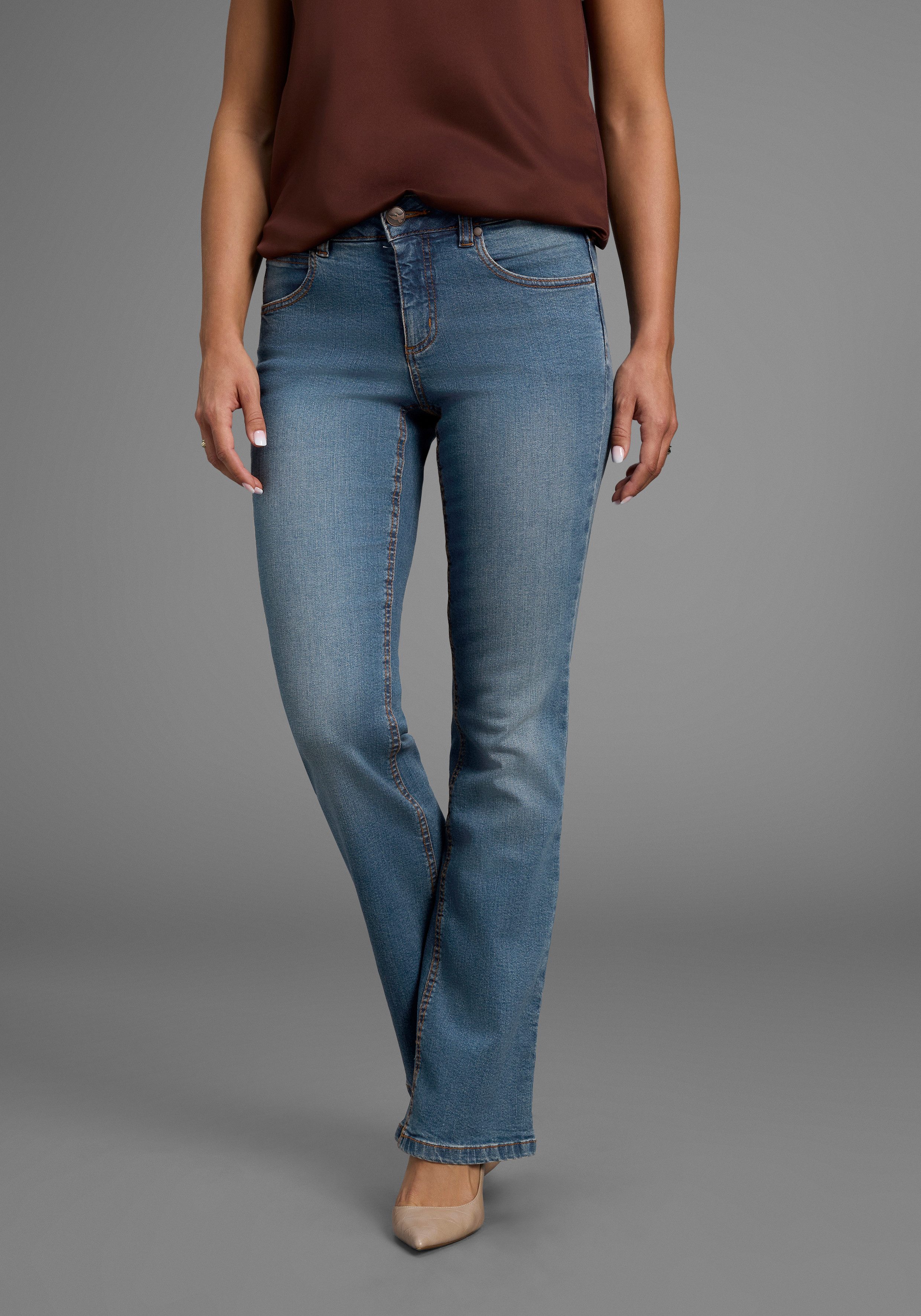 Arizona Bootcut-Jeans Bund mit seitlichem Gummizugeinsatz hohe Leibhöhe, Bootcut, mit Stretch, klassischer 5-Pocket-Style