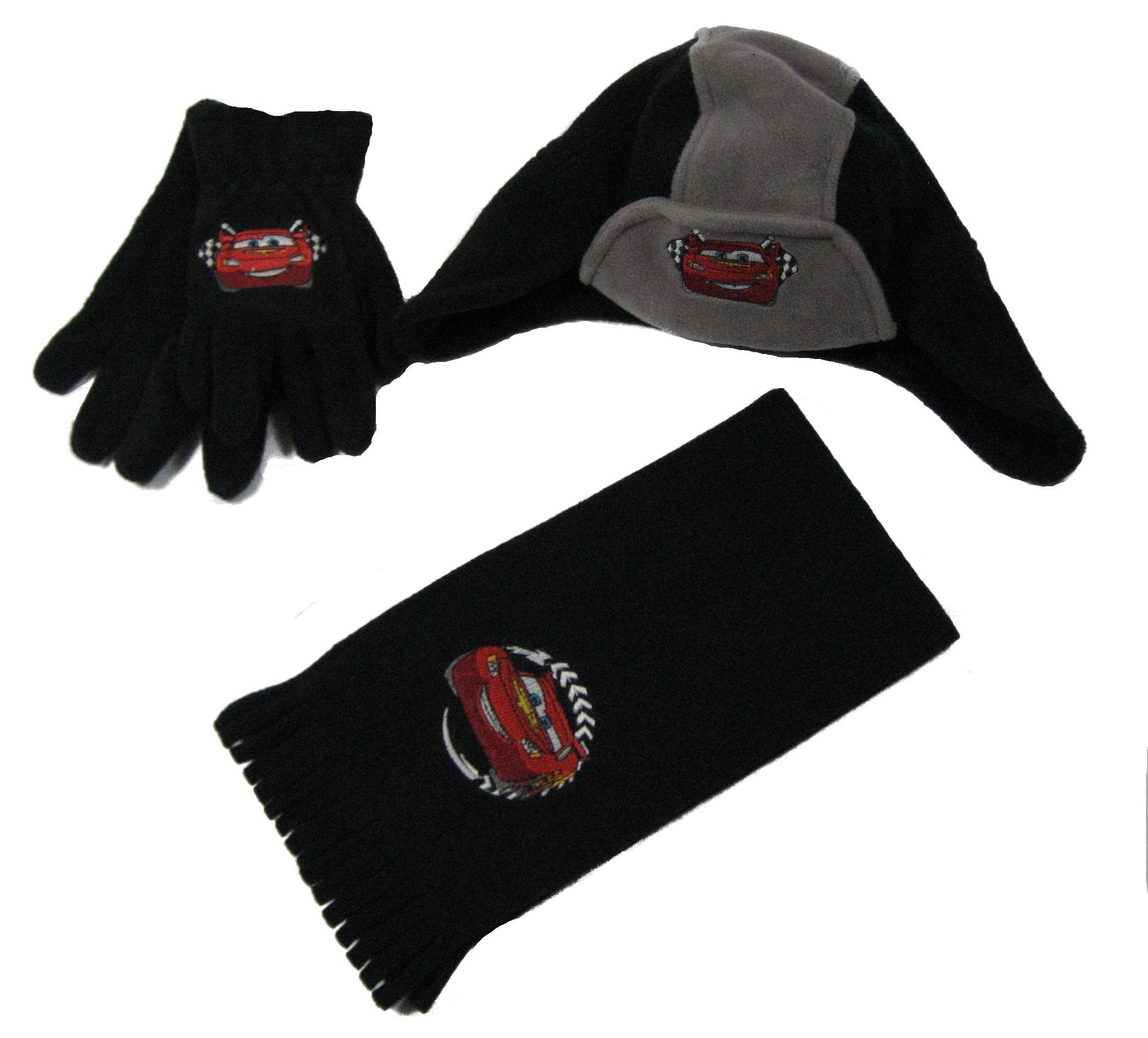 Disney Schlupfmütze Disney cars 3tlg. (Set, grau Mütze 3-St) Handschuhe schwarz Schal