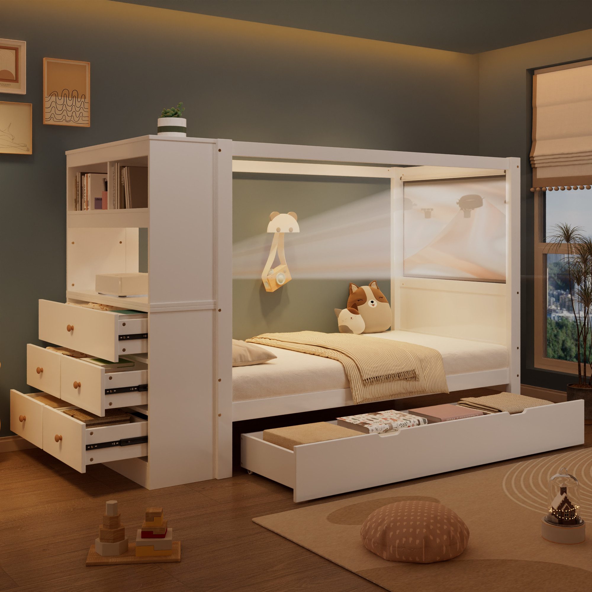 Merax Kinderbett 90x200cm mit Gitter und Lagerschrank (1-tlg., Einzelbett), günstig online kaufen