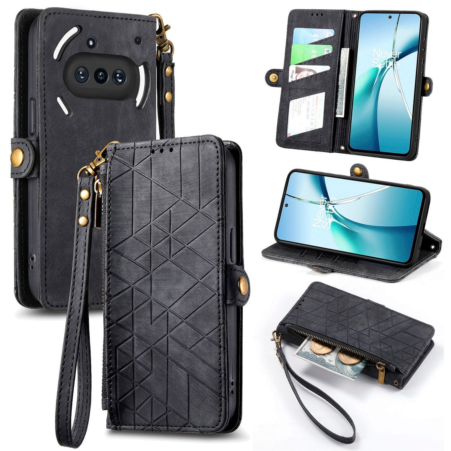 Wigento Handyhülle Für Nothing Phone 3a Kunstleder Design Zipper Hülle Tasche Schwarz, Kartenfächer, Reißverschlussfach, Standfunktion