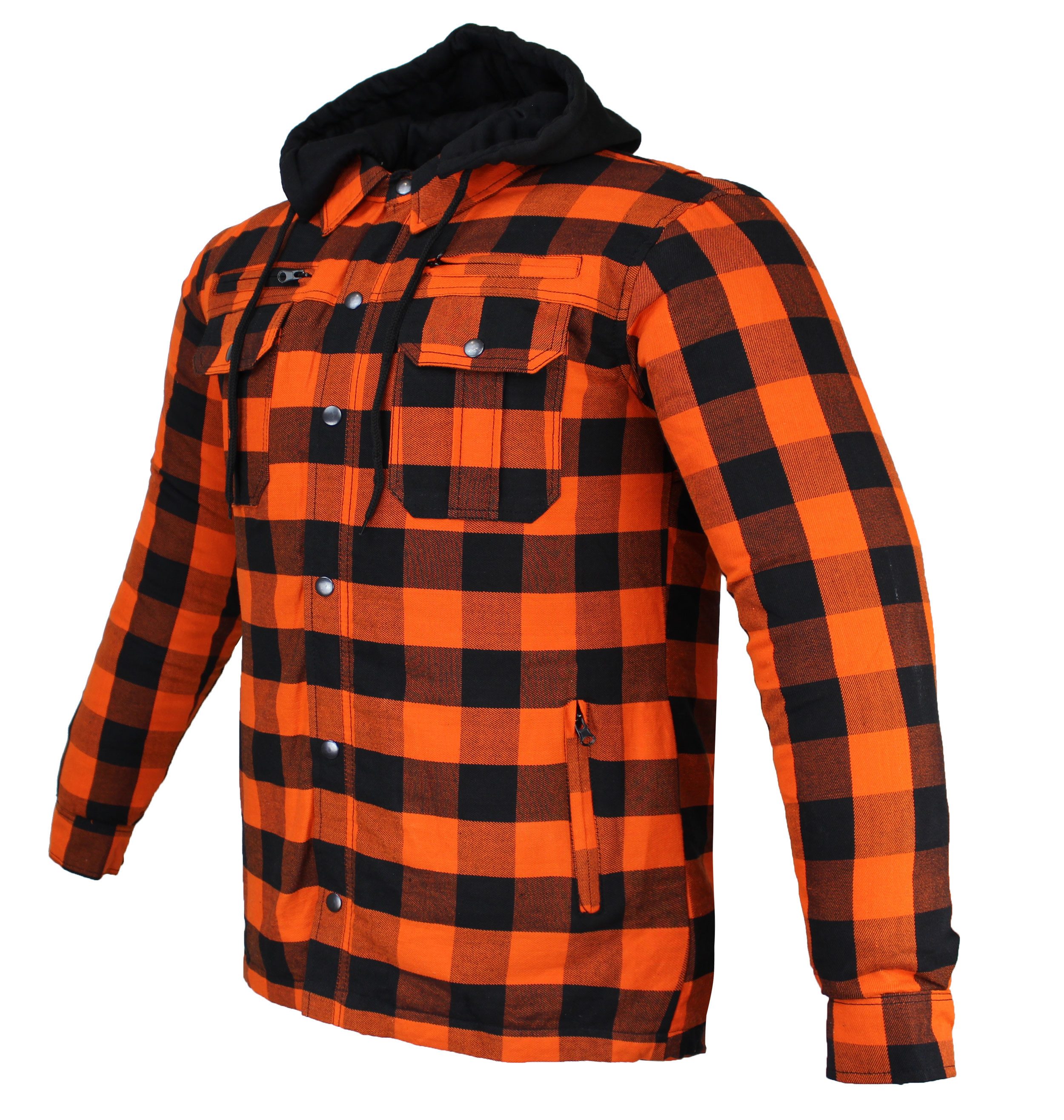 Alpha Speeds Motorradjacke Flanell-Holzfäller Motorrad KEV ARAMID Lumber-Biker Hemd PRO Orange (Wasserdicht & Winddicht & Atmungsaktiv + wasserdichte Reißverschlüsse) mit abnehmbare Kapuze & Innenjacke, All Season, inklusive Protektoren