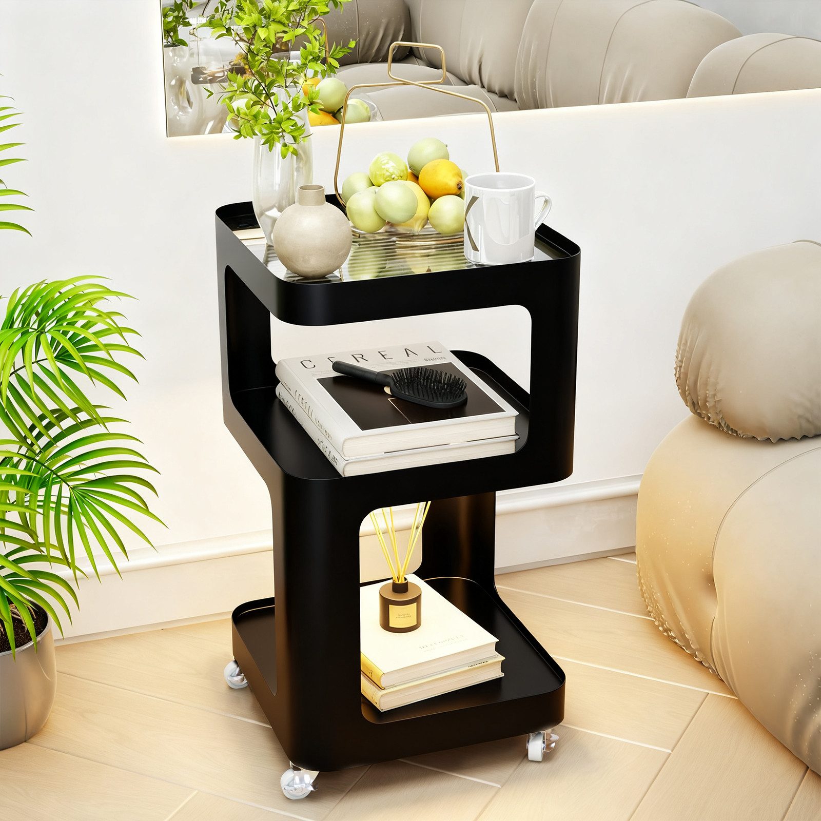 TWSOUL Beistelltisch Nachttisch Metallrahmen+Glasplatte, Sensor-LED&Rollen, günstig online kaufen