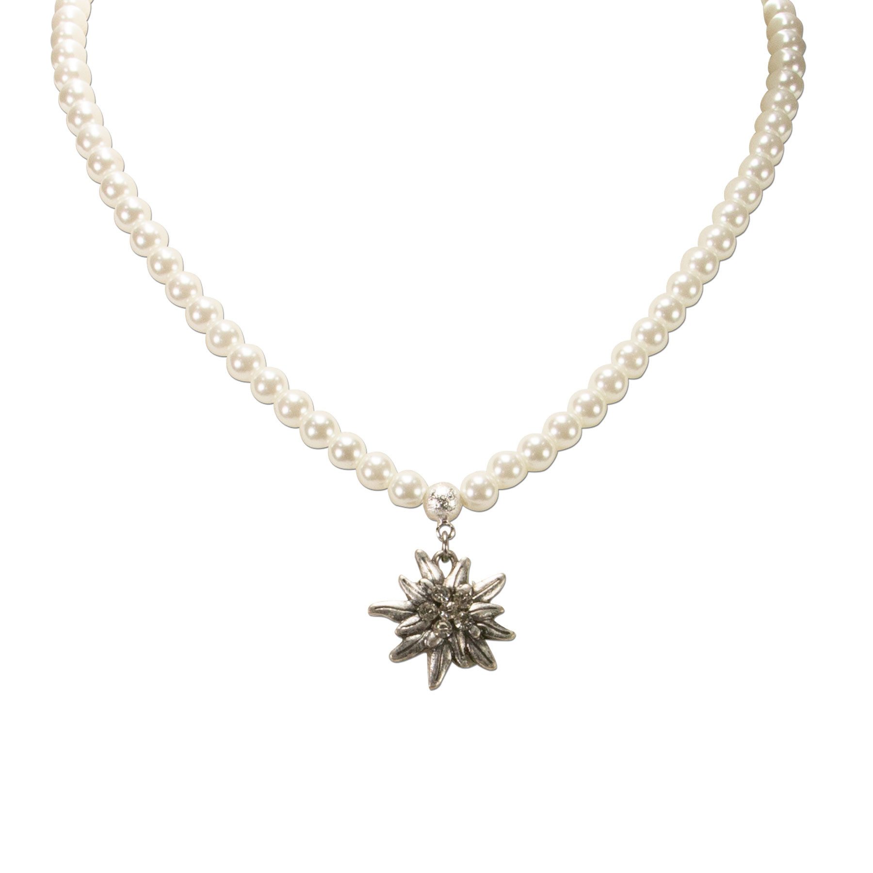Alpenflüstern Collier Perlen-Trachtenkette Strass-Edelweiß klein (creme-weiß), - Damen-Trachtenschmuck Dirndlkette – Bild 3 von 4