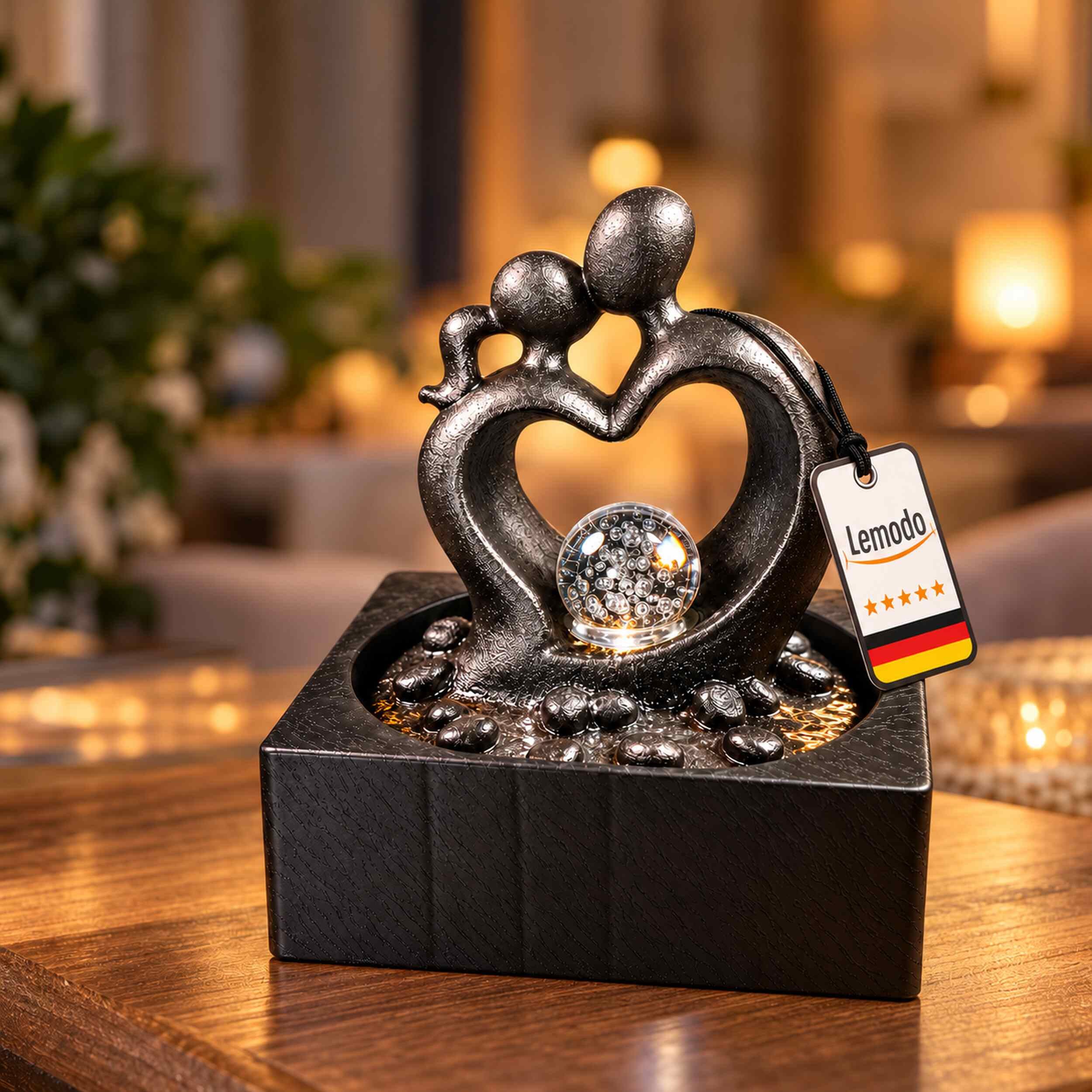 Lemodo Zimmerbrunnen mit LED, Herzmotiv und Glaskugel, Anthrazit Metallic, mit LED-Beleuchtung und rotierender Kugel