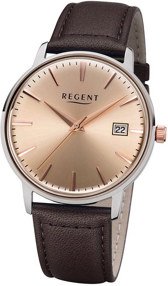 Regent Quarzuhr Regent Herren Damen-Armbanduhr braun, Herren, Damen  Armbanduhr rund, groß (ca. 40mm), Lederarmband