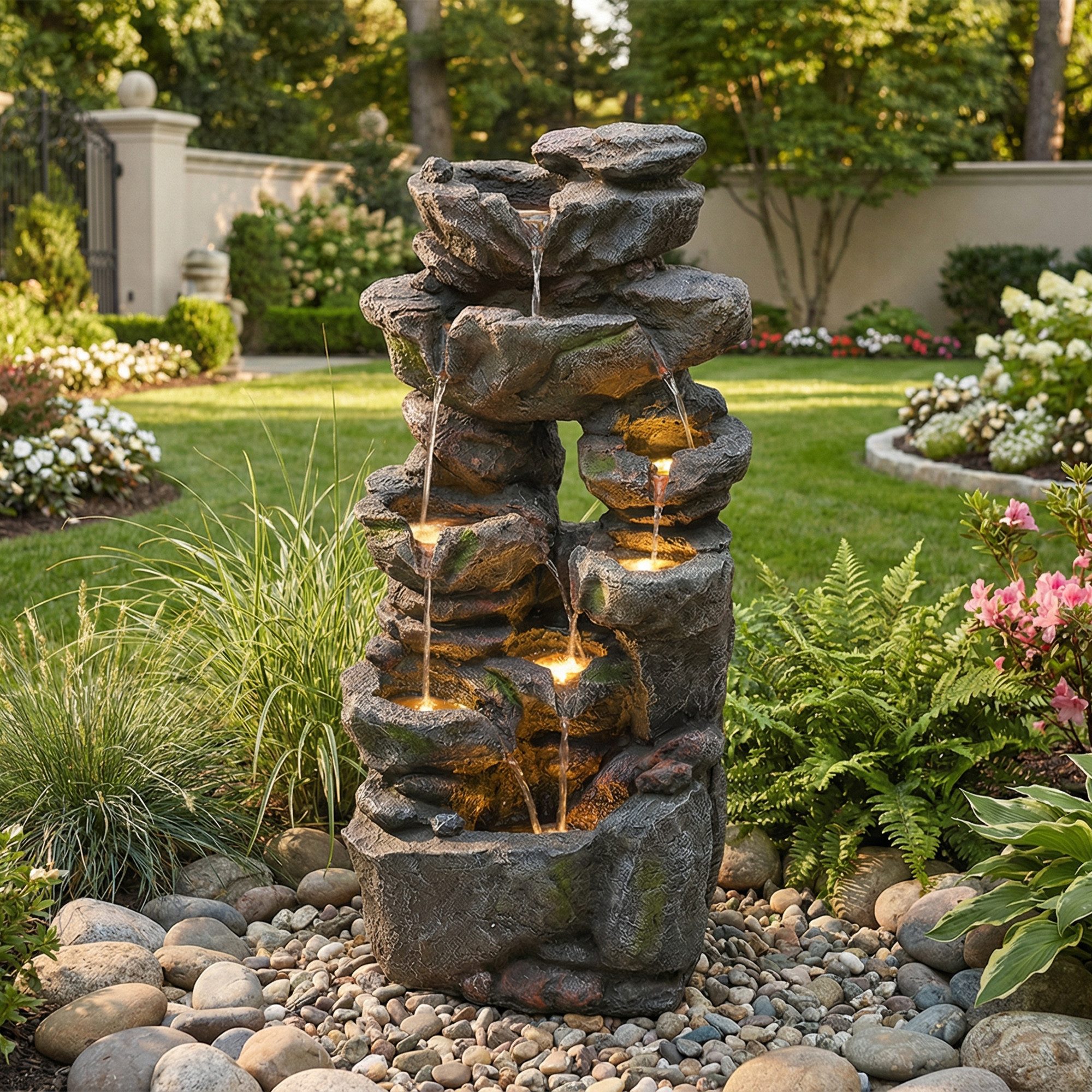KLAM HOME Gartenbrunnen Edler Gartenbrunnen Grau mit LED & Wasserpumpe, (Dekorativer Zimmerbrunnen für Wohlfühlatmosphäre), Wasserspiel mit Kunststein-Optik für Garten & Terrasse