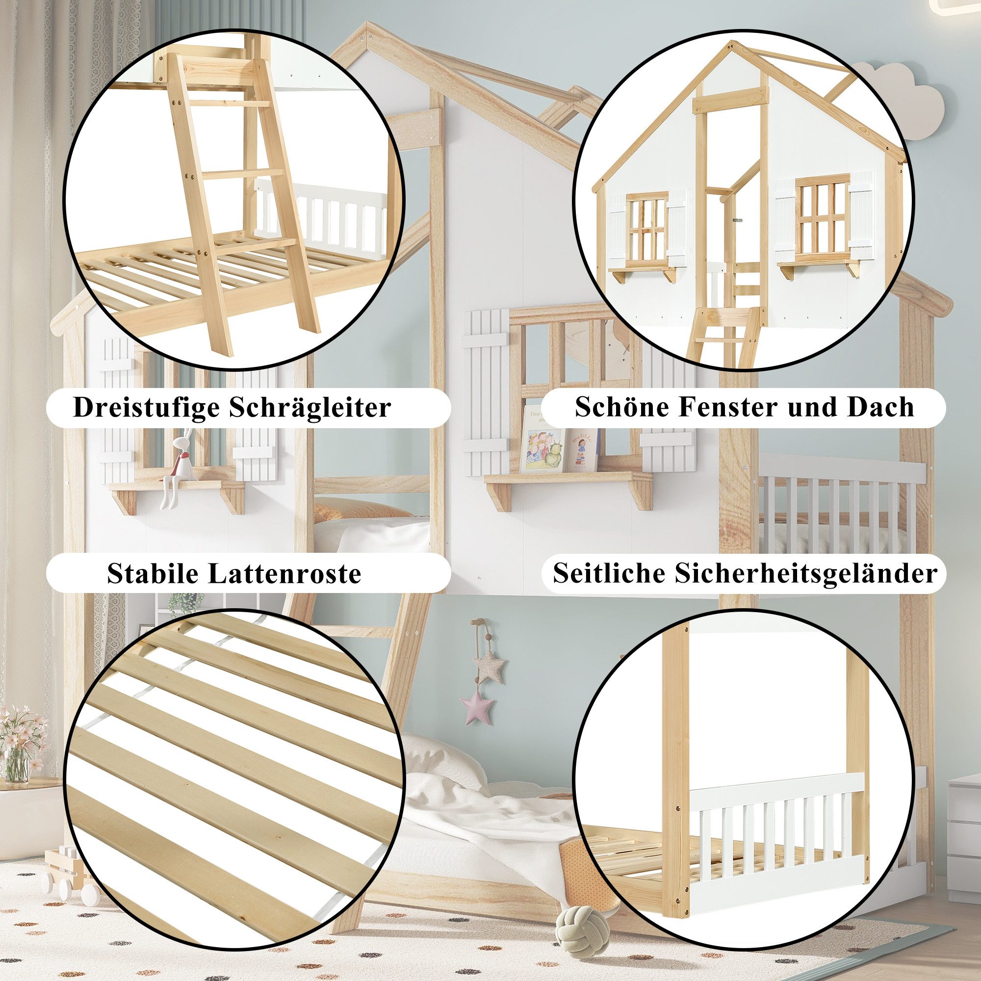 Merax Etagenbett Stockbett (1-St., Jugendbett Doppelbett Hausbett), Kiefer Kinderbett 90x200cm mit Dach, Fenstern, Geländer & Schrägleiter – Bild 5 von 5