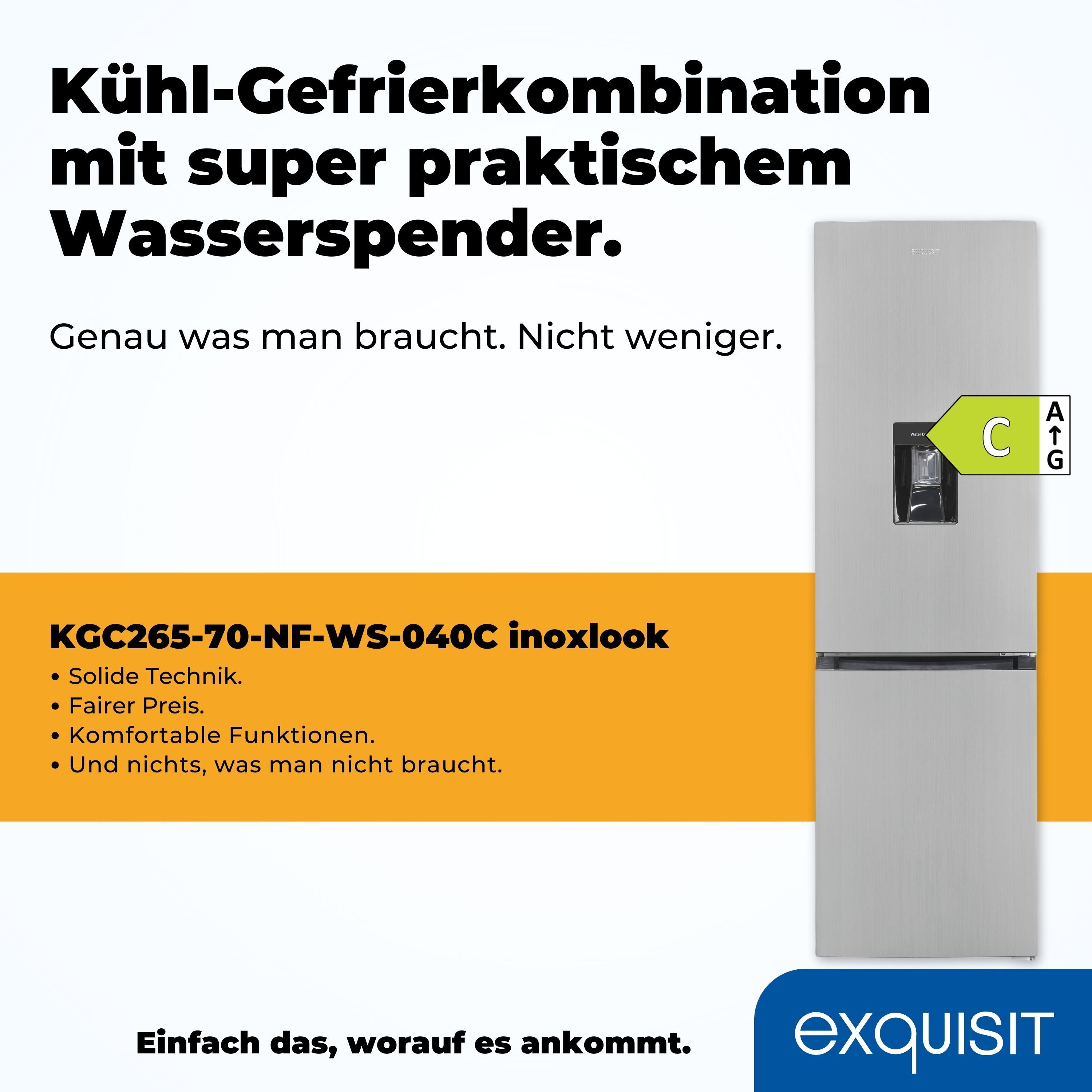 exquisit Kühl-/Gefrierkombination KGC265-70-NF-WS-040C, 180,5 cm hoch, 54 cm breit, EEK C, 251 L Nutzinhalt, NoFrost, Wasserspender