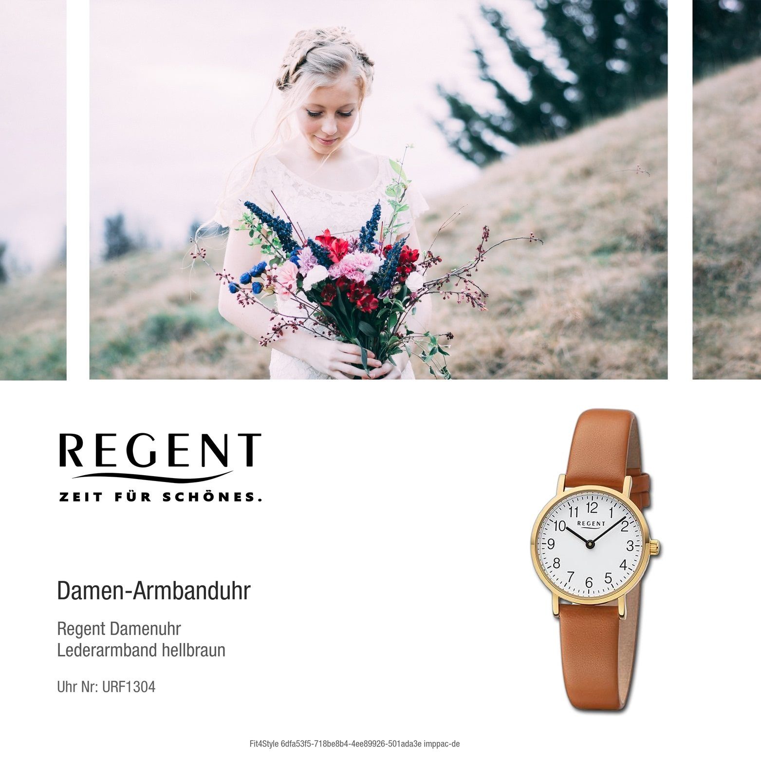 Regent Quarzuhr Regent Damen Analog, Lederarmband extra (ca. 28mm) groß Gehäuse, rundes hellbraun, Damenuhr Armbanduhr