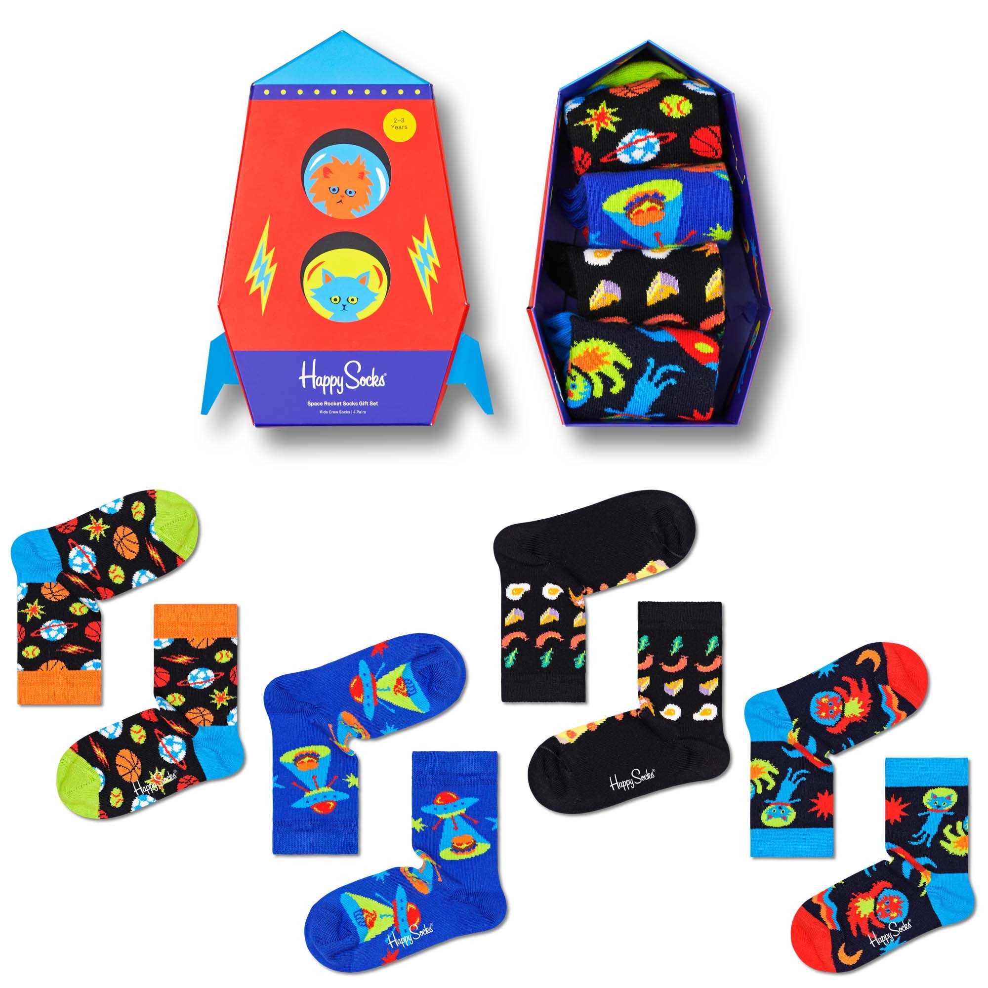 Happy Socks Socken Tagessocke Crew Kids Space Gift Geschenkbox Kinder - 4 Paar