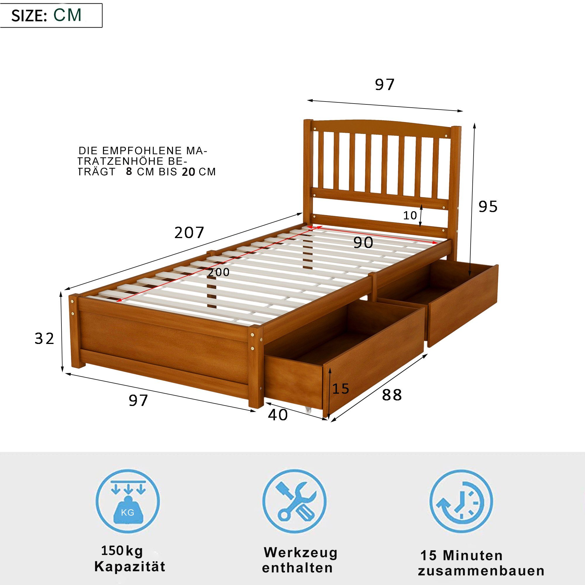 Massivholzbett (Einzelbett, mit 2 Schubladen, Lattenrost und Kopfteil), Kinderbett Jugendbett 90 x 200 cm, Kiefernholz