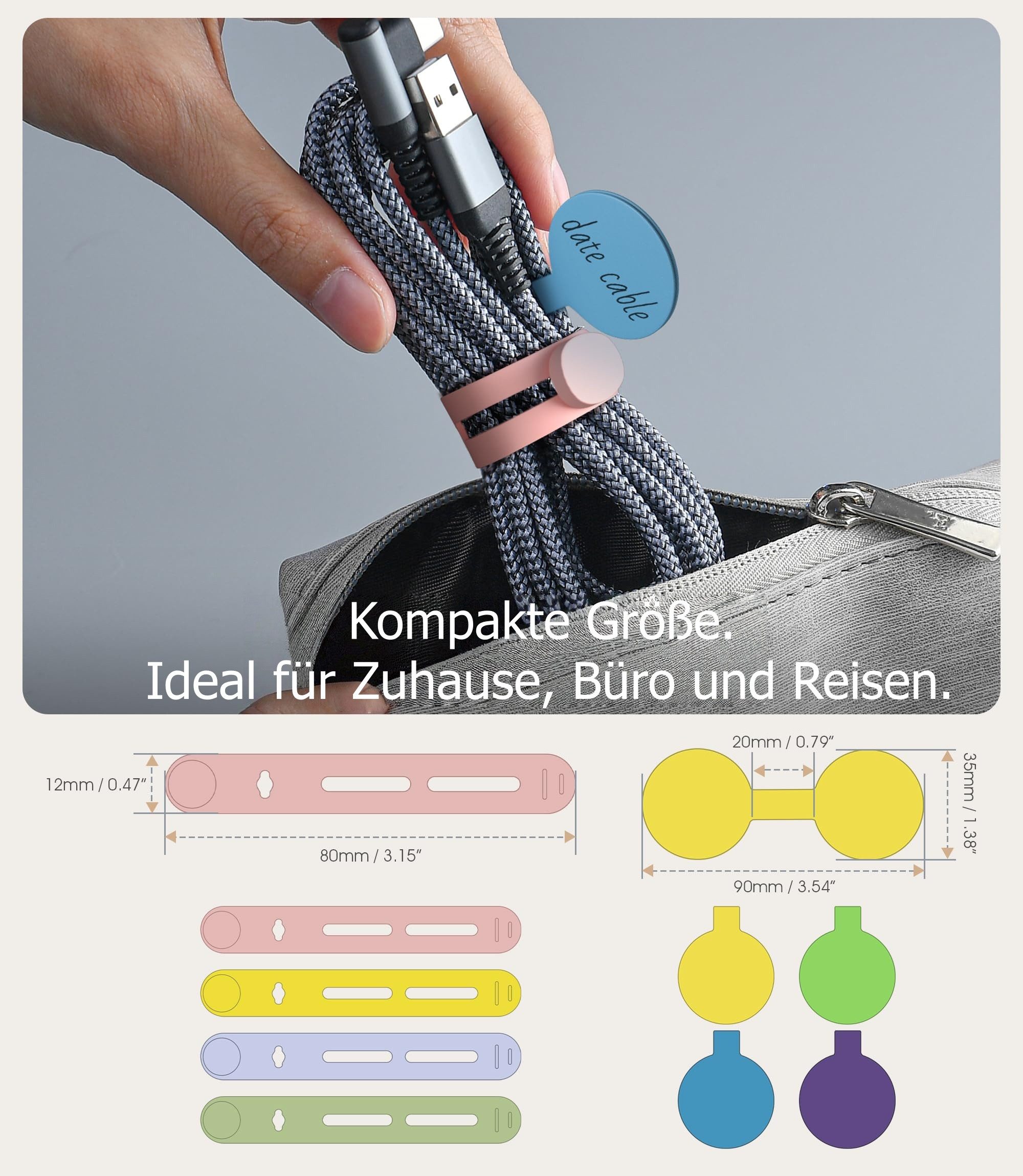 FOUORTUNATE-BEE Kabelbinder 20 Kabelbinder & 12 Kabeletiketten aus Silikon zur Kabelorganisation Beschriftbare Kabelbänder Set für Reise, Büro und Haushalt