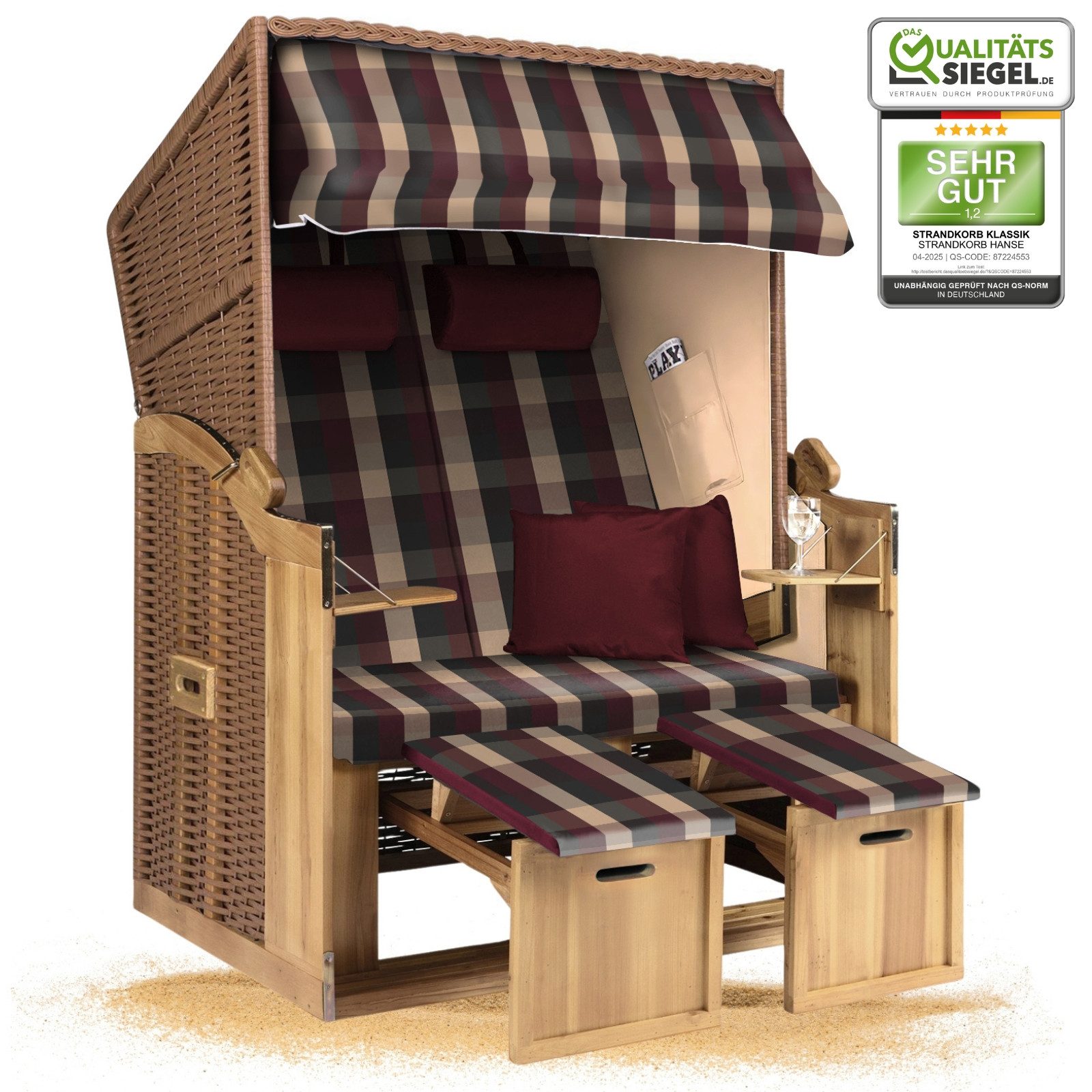 Strandkorb Hanse Strandkorb Strandkorb 2-Sitzer Ostsee Volllieger Beige Rot, BxTxH: 120x80x160 cm, Ostsee Volllieger, Ostsee 2-Sitzer Modell 2025, Stabiles Wacholder mit handgefertigtem Polyrattangeflecht