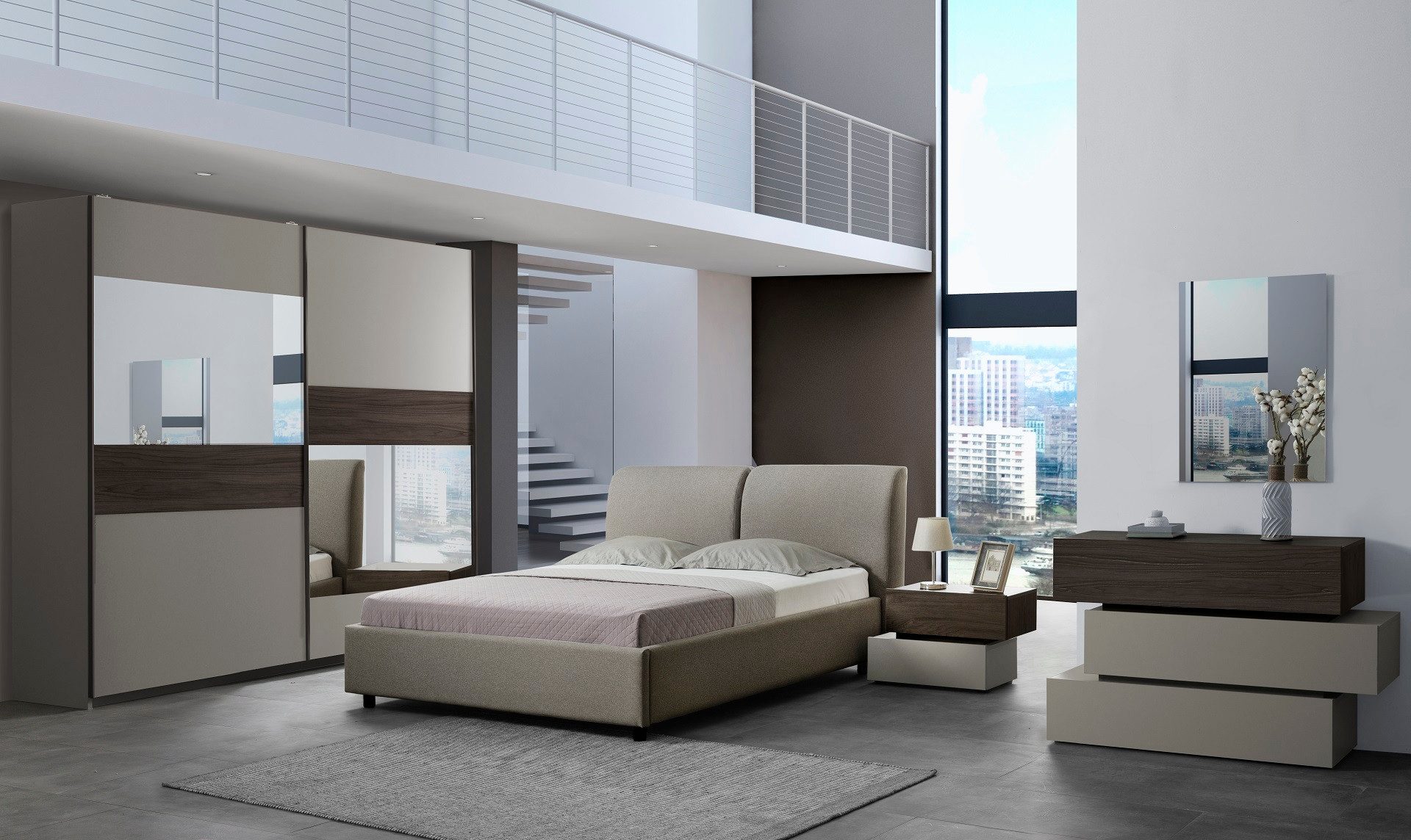 Interdesign24 Schlafzimmer-Set Kenna, (6-Teilig, im ausgefallenen modernen Design, inkl. Schiebetürenschrank und Polsterbett), in Graubeige/Holzoptik