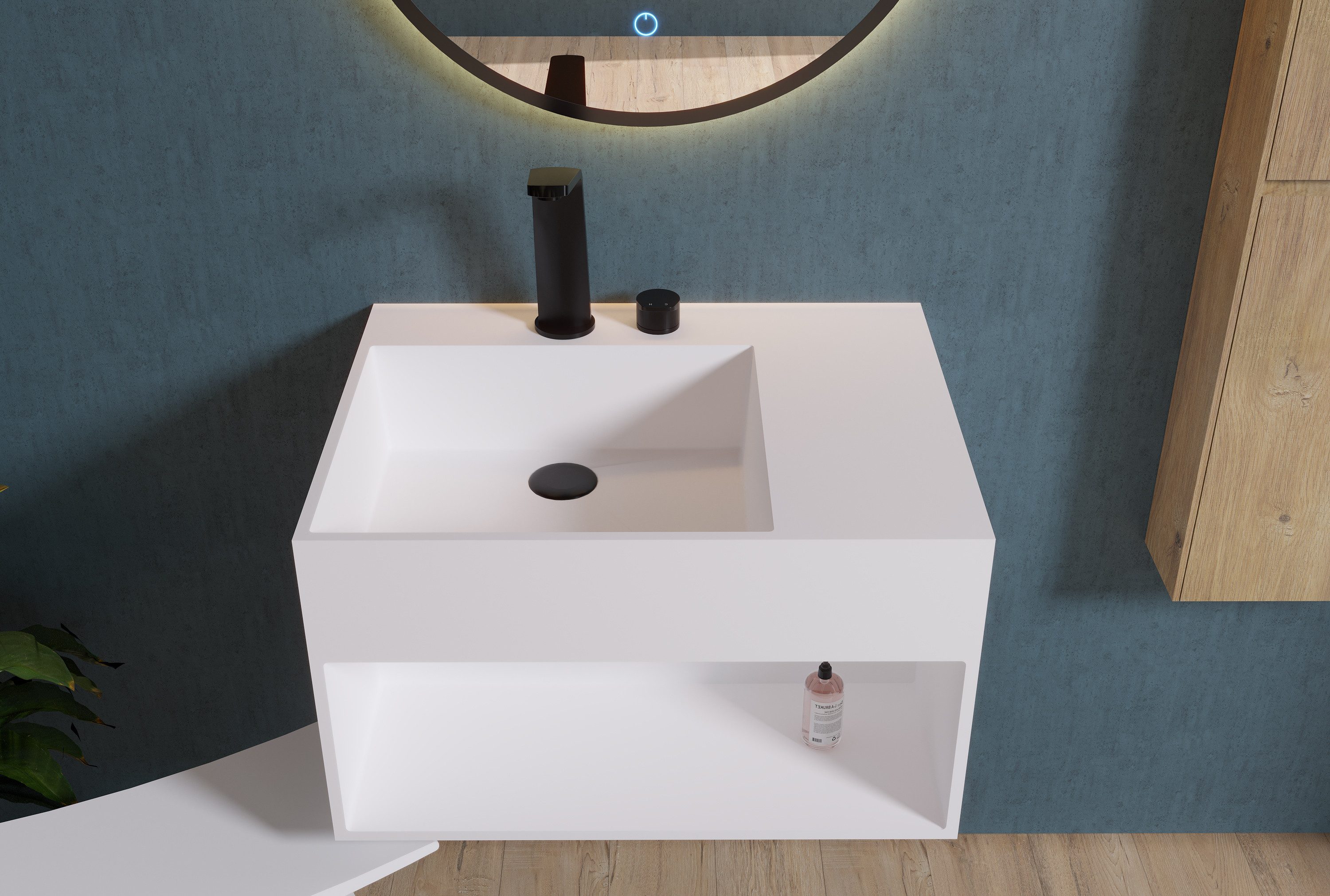 Bernstein Waschbecken PB2158, aus Mineralguss - 60 x 46 x 35 cm - Weiß matt - mit Ablagefach