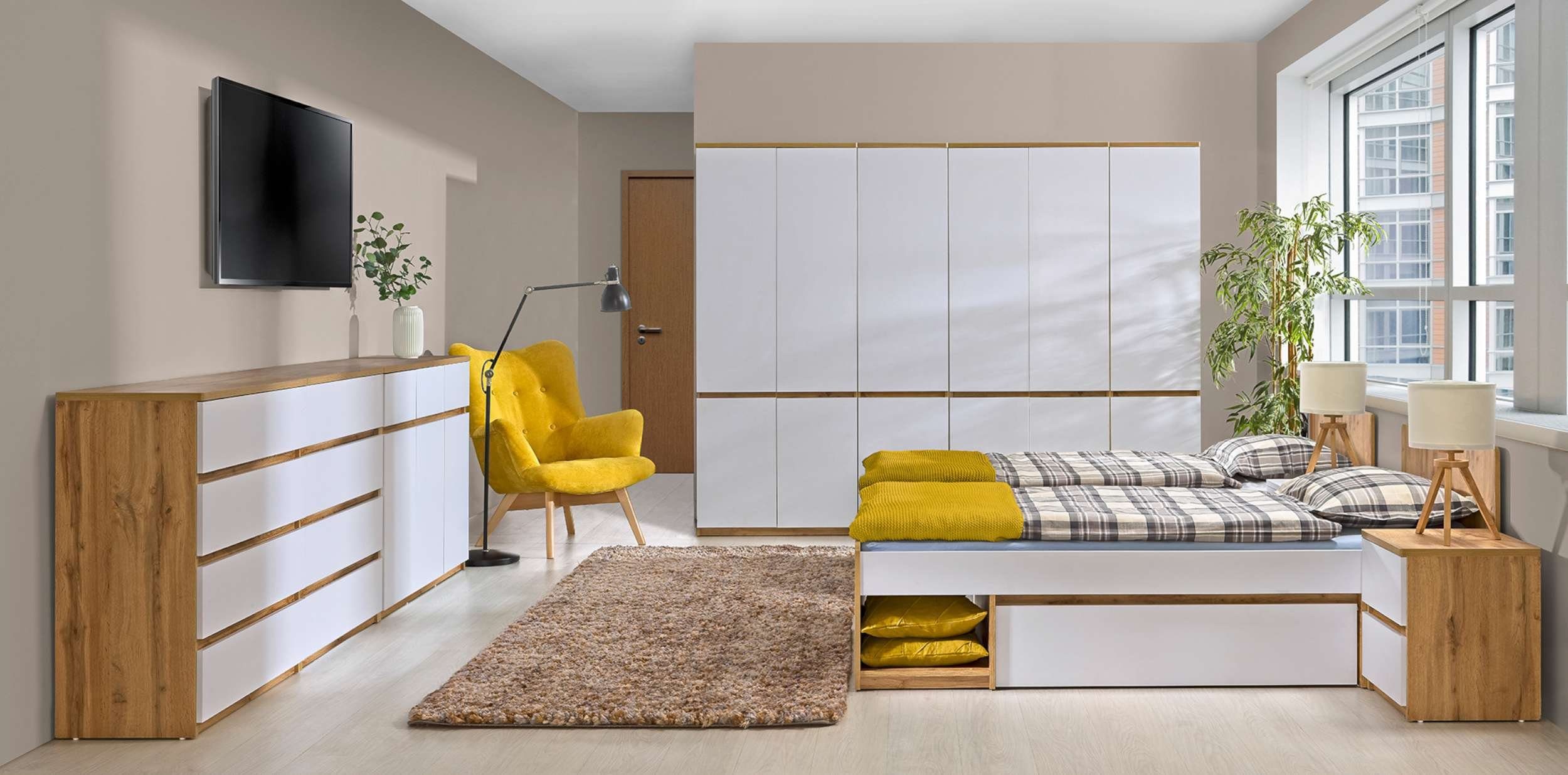 Bett), Modern für Arcola 90x200 Stylefy 2 Eiche - (Schlafzimmerbett, Fächern, Jugend Spanplatte, Jugendbett Wotan mit Weiß Schublade und Design, cm,