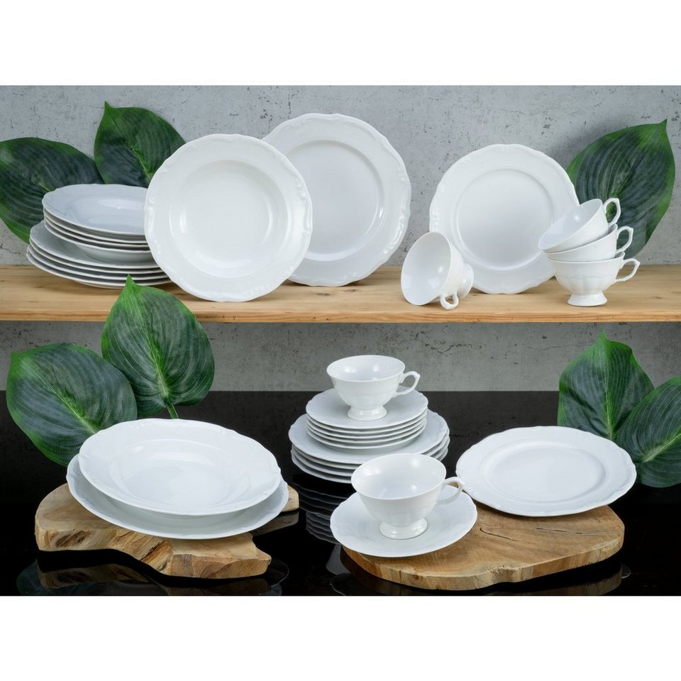 CreaTable Kombiservice Geschirr-Set Maria Theresia (30-tlg), 6 Personen,  Porzellan, Service, weiß, klassische, traditionelle Form, 30 Teile für 6  Personen, traditionelles Relief